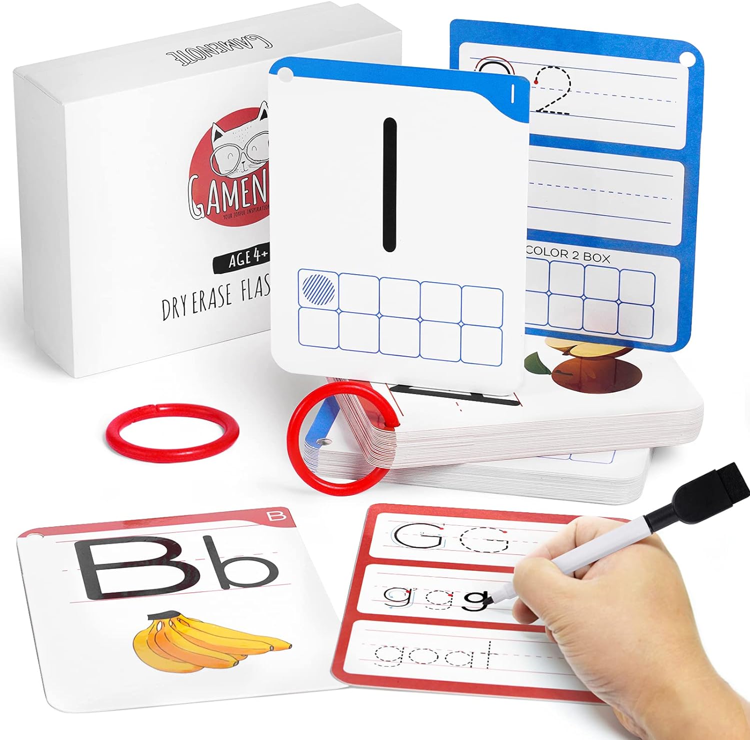 Gamenote Dry Erase Alphabet and Number Flash Cards – Write and Wipe Laminated ABC Letter Tracing Practice Card for Kindergarten (47 Flashcards with 2 Rings and Marker)