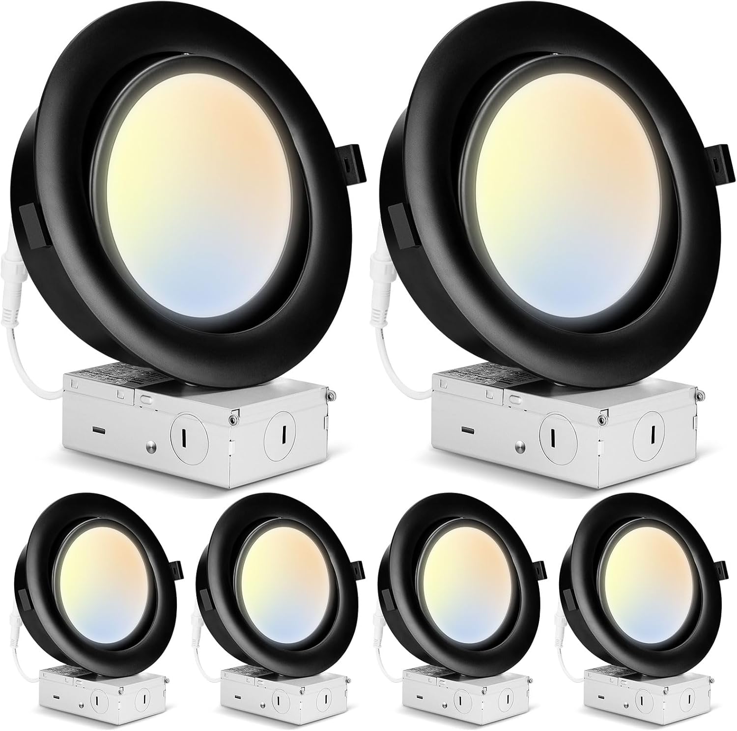 Black LED Recessed Lighting 6 Inch with Junction Box, Gimbal Downlights 5CCT Selectable (2700K-5000K), Retrofit Recessed Ceiling Light Dimmable, 12W 960 Lumens, ETL & Energy Star Listed, Pack of 6