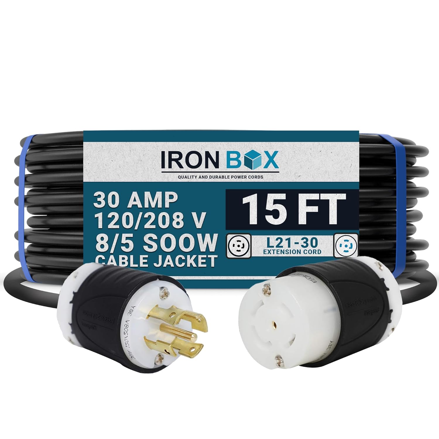 IronBox Electric – L21-30 Extension Cord – 8/5 SOOW Cable Jacket, 30A Rated, 120/208V (3-Phase) – Ideal for Transfer Switches, Data Centers, Industrial Settings, and High-Powered Applications(15 ft)