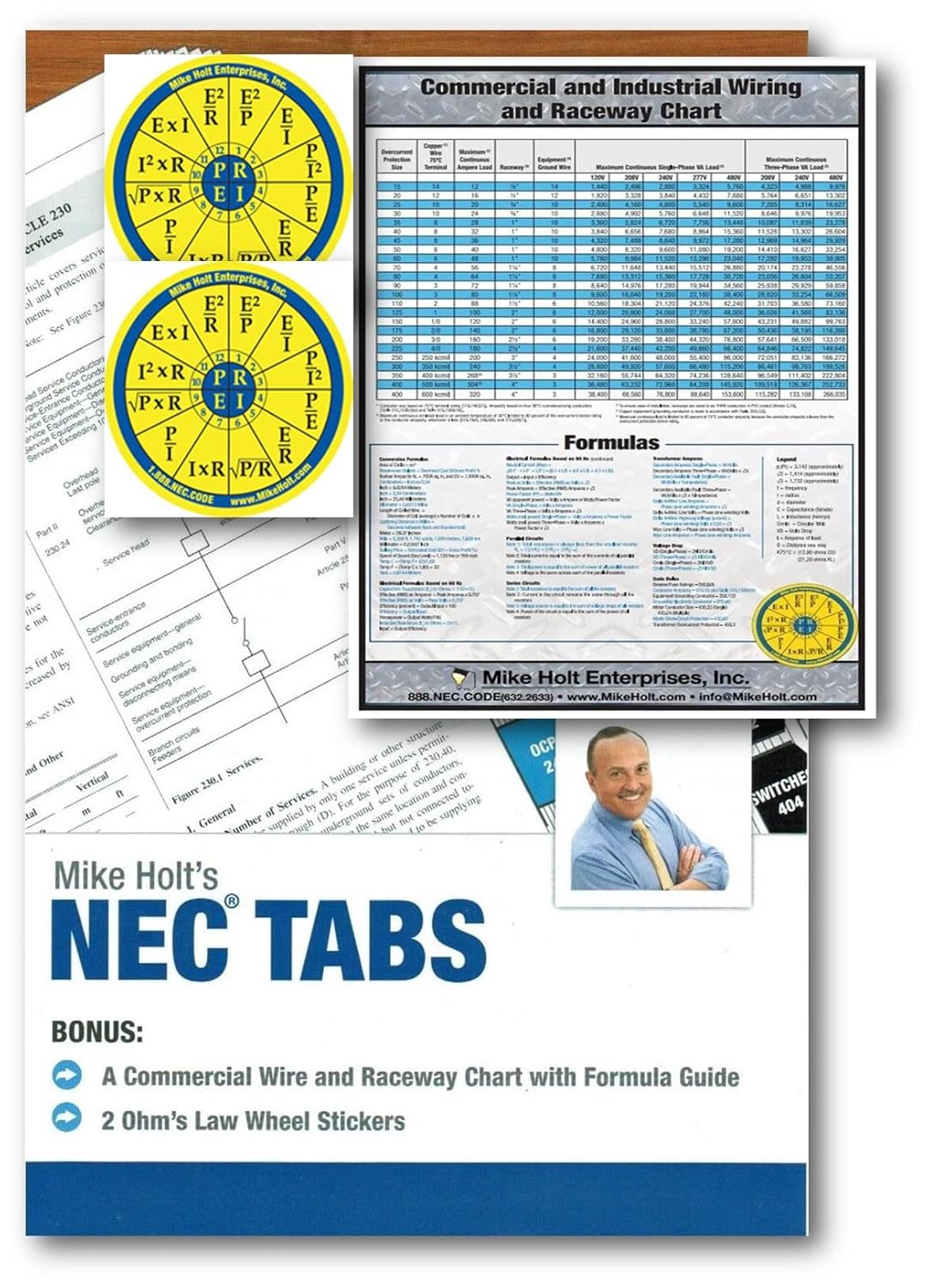 Mike Holt’s NEC TABS (Color Coded) with Ohm’s Law Stickers and Wire Chart – 2017 Edition