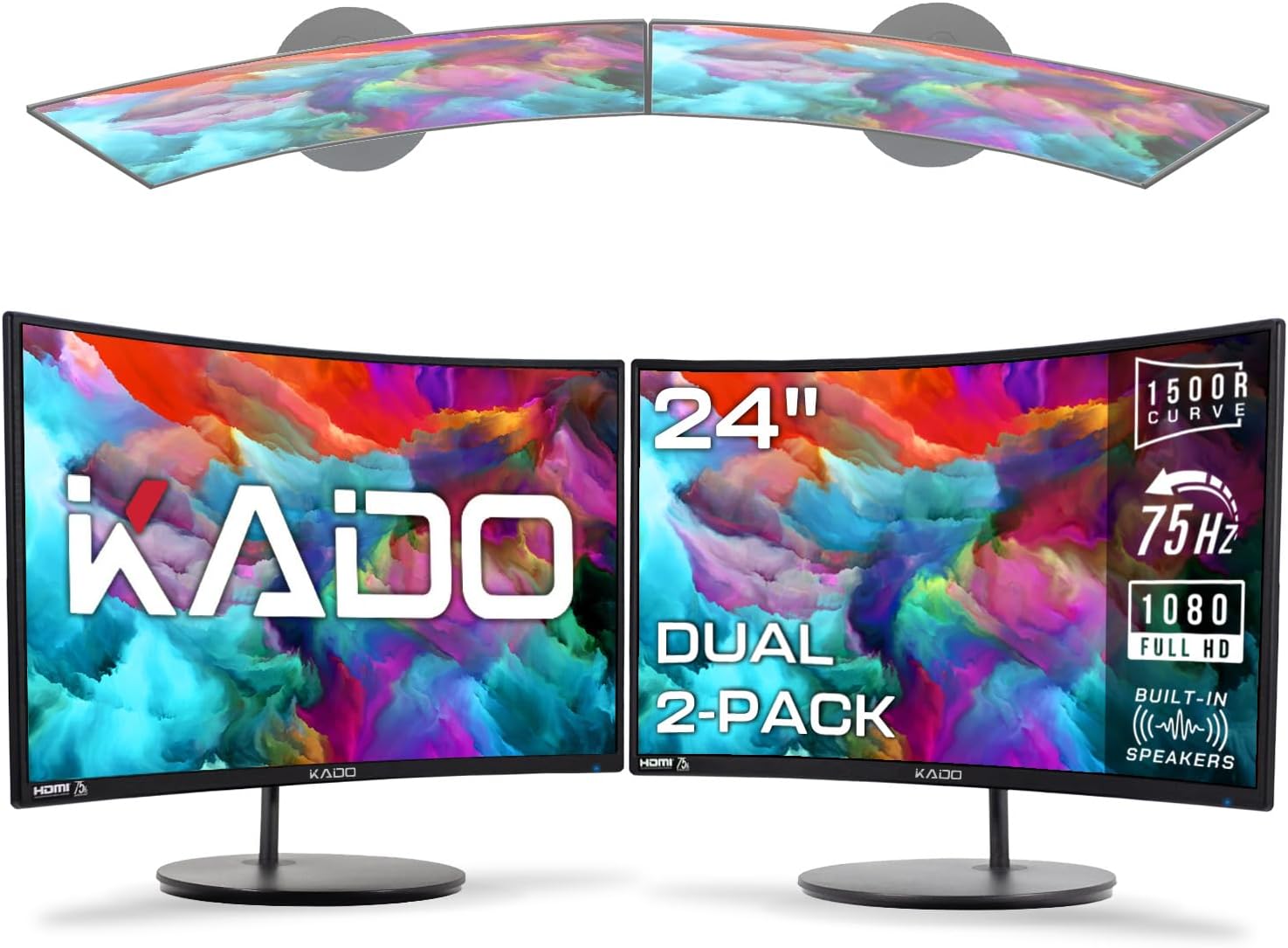 Kado Dual Monitor Setup – 2-Pack 24″ Curved 1500R 1920×1080 Computer Monitor 75Hz VESA Mount HDMI Office Gaming Built-in Speakers (C24 Dual Series)