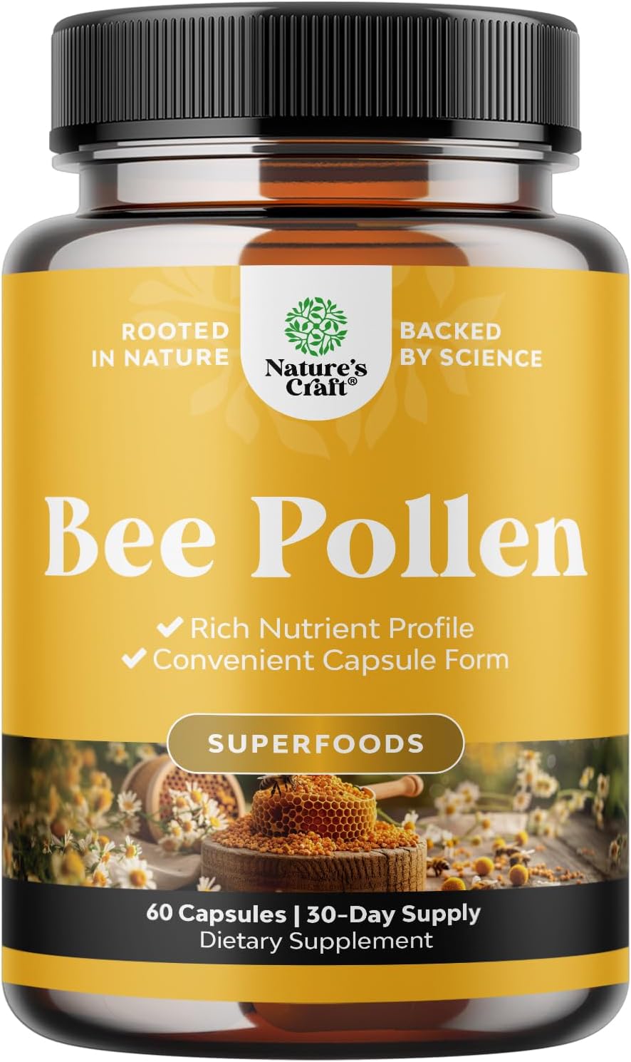 Bee Pollen Supplement 1000mg per Serving – Pure Bee Pollen Capsules with Naturally Occurring B Vitamins Minerals & Enzymes – Bee Pollen Pills Made Vegetarian Non-GMO & Gluten Free (30 Servings)