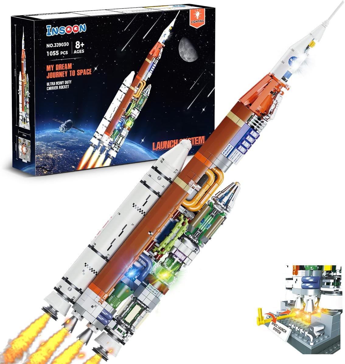 Space Rocket Building Set with Lights Stand, 1055 PCS Detachable Space Exploration Building Block Toy, Launch Rocket Model for Home, Gift for Adults Kids Boys Girls Ages 8 9 10 11 12 +