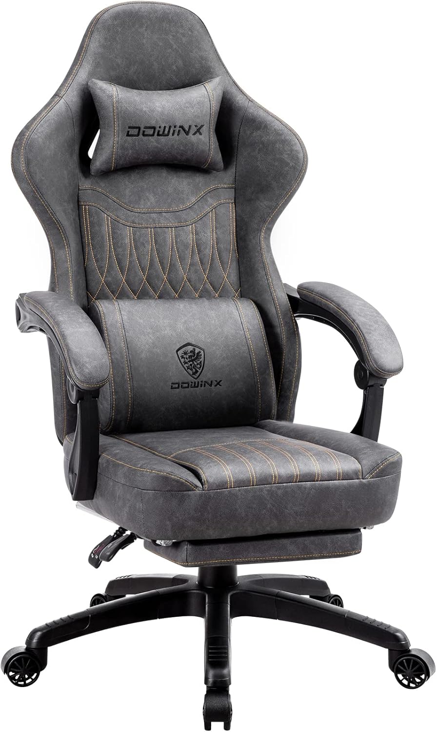 Dowinx Gaming Chair Breathable PU Leather Gamer Chair with Pocket Spring Cushion, Ergonomic Computer Chair with Massage Lumbar Support,Adjustable Swivel Task Chair with Footrest(Gray)