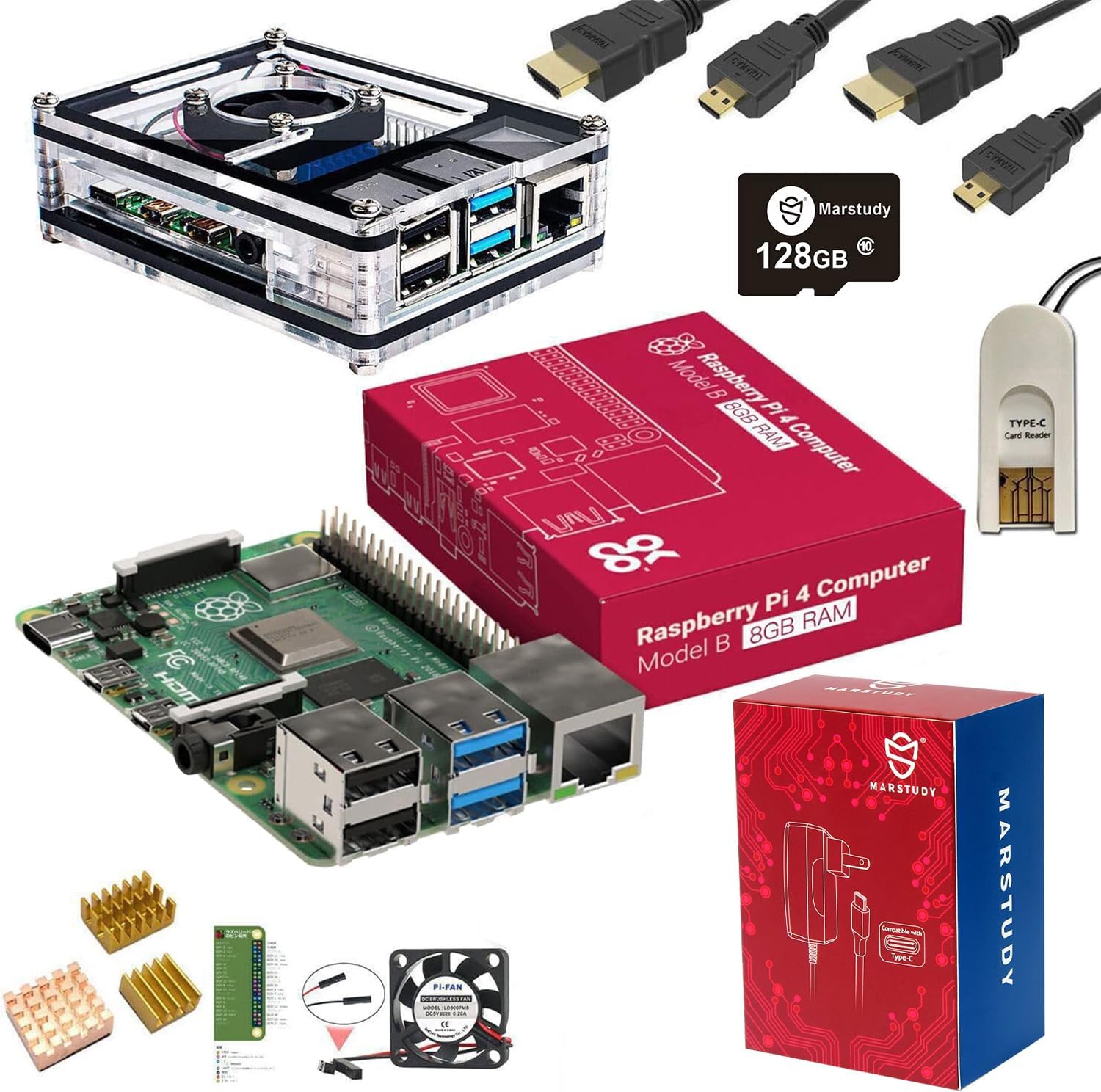 MarsKit Raspberry Pi 4 Model B Starter Kit-128GB Edition/Raspberry Pi 4 Mddel B (8GB RAM) /Raspberry Pi OS Pre-Installed