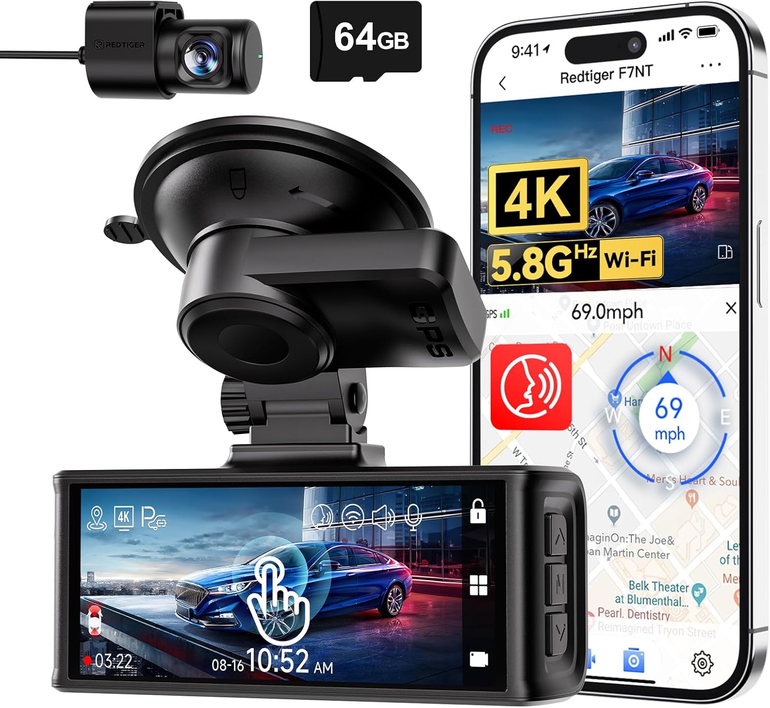 REDTIGER 4K Dash Cam Front and Rear, Touch Screen 3.18 Inch, Voice Control, 5.8GHz WiFi Car Dash Camera with 64GB Card, GPS, UHD 2160P Night Vision, WDR, Emergency Lock, Parking Monitor (F7N Touch)