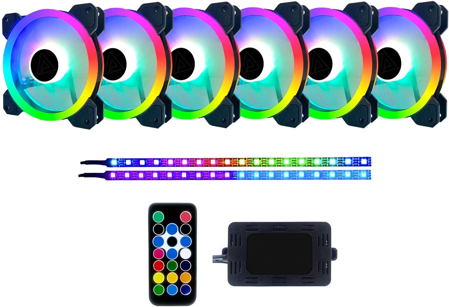 Apevia TL612L2S-RGB Twilight 120mm Silent Dual-Ring RGB Color Changing LED Fan w/Remote Control, 28x LEDs & 8X Rubber Pads w/ 2 LED Strips (6+2-pk)