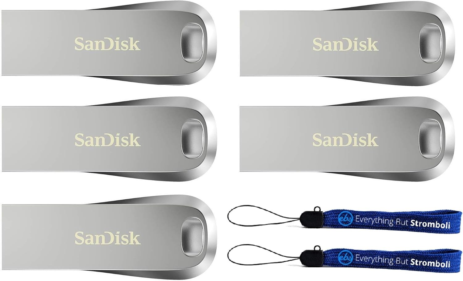 SanDisk Ultra Luxe 64GB USB 3.1 Flash Drive (Bulk 5 Pack) Works with Computer, Laptop, 150MB/s 64 GB PenDrive High Speed All Metal (SDCZ74-064G-G46) Bundle with (2) Everything But Stromboli Lanyards