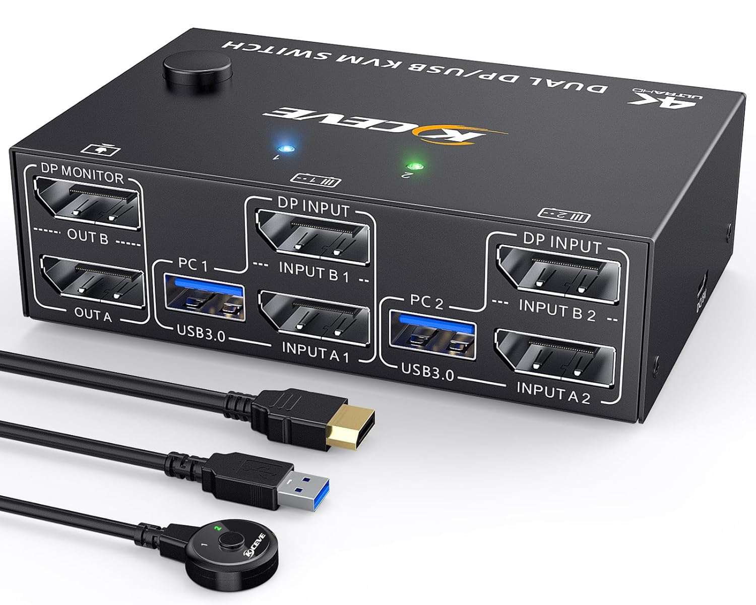 Displayport KVM Switch 2 Monitors 2 Computers 8K@30Hz 4K@144Hz,Camgeet USB3.0 Dual Monitor KVM Switches Displayport 1.4 with 4 USB 3.0 Port for USB Device,Wired Remote and 4 Cable Included