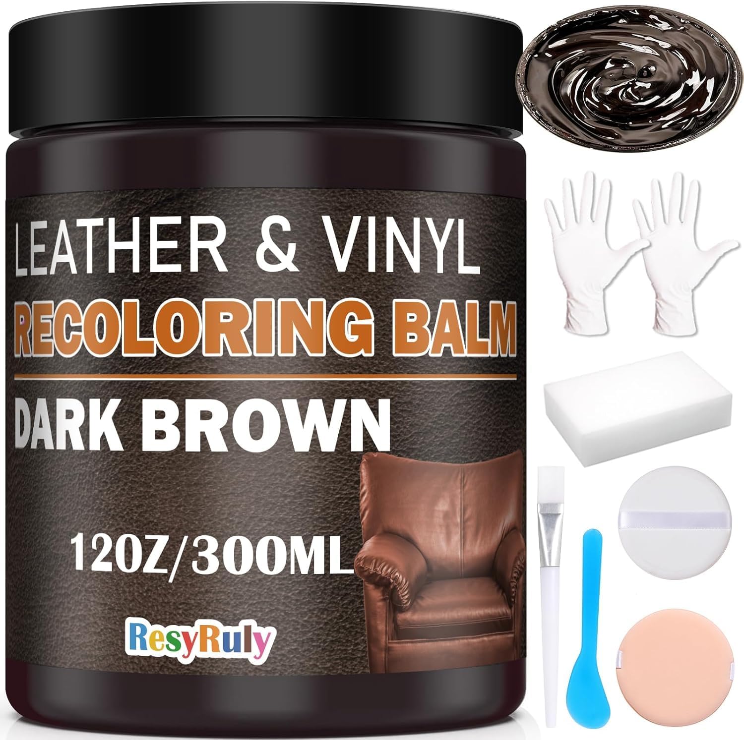 Leather Recoloring Balm Dark Brown Leather Dye Vinyl Paint Car Interior Seat Furniture Couch Recliner Chair Boots Jacket Shoes Bag Purse Belt Color Restorer Fade Stain Scratch Remover Repair Kit