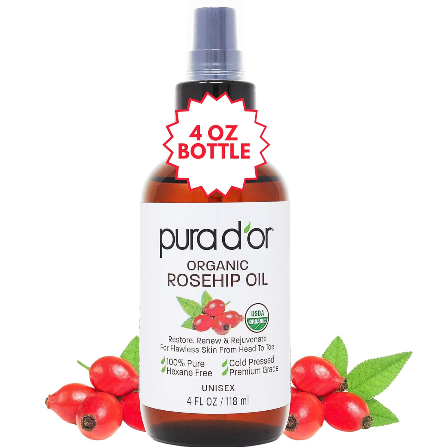 PURA D’OR 4 Oz ORGANIC Rosehip Seed Oil Hair Relaxer 100% Pure Cold Pressed USDA Certified All Natural For Anti-Aging, Scar Treatment, Face, Hair Relaxer & Skin Moisturizer – Women & Men