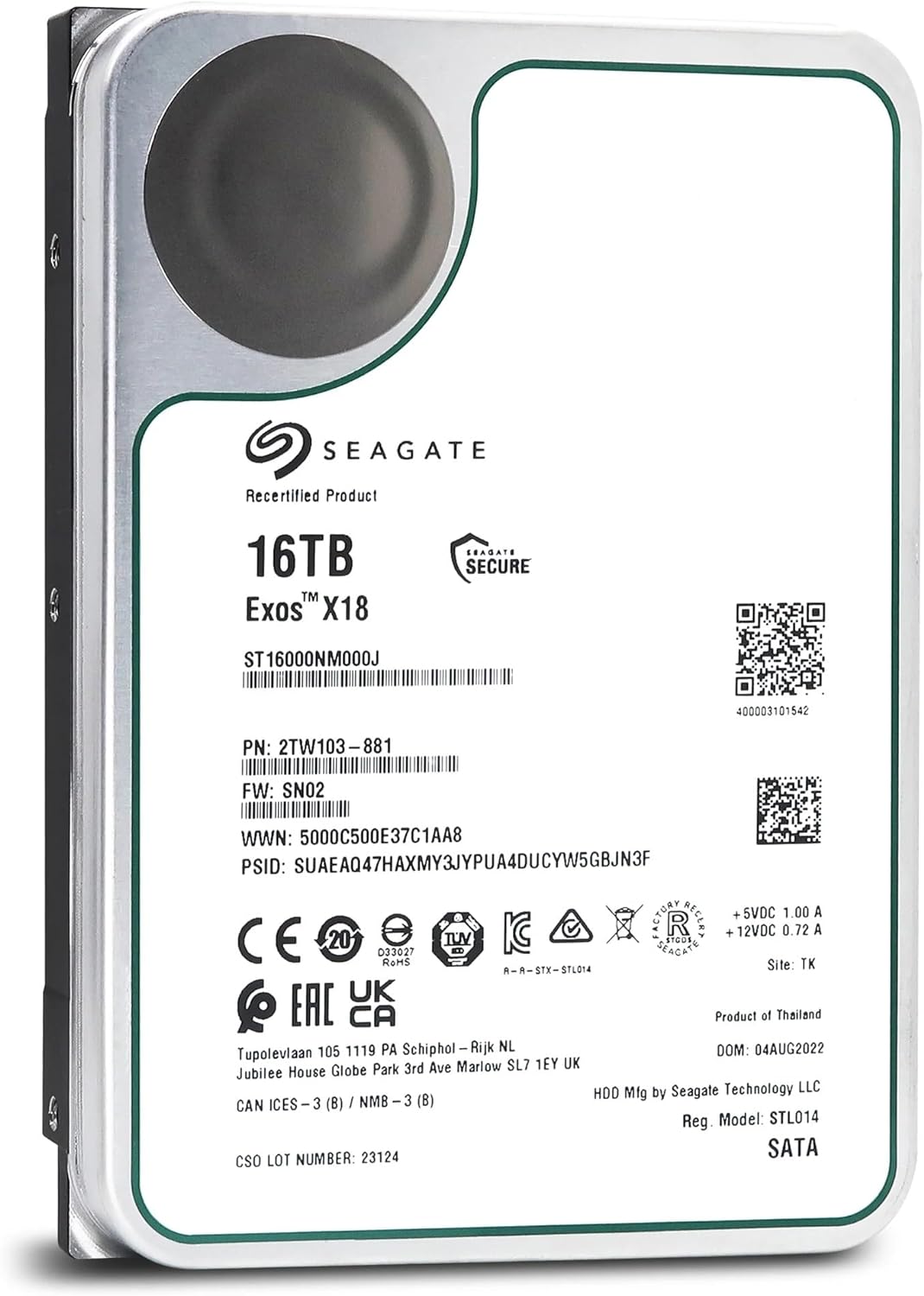 Seagate Exos X18 16TB Enterprise HDD – CMR 3.5 Inch Hyperscale SATA 6Gb/s, 7200 RPM, 512e and 4Kn FastFormat, Low Latency with Enhanced Caching (Renewed)