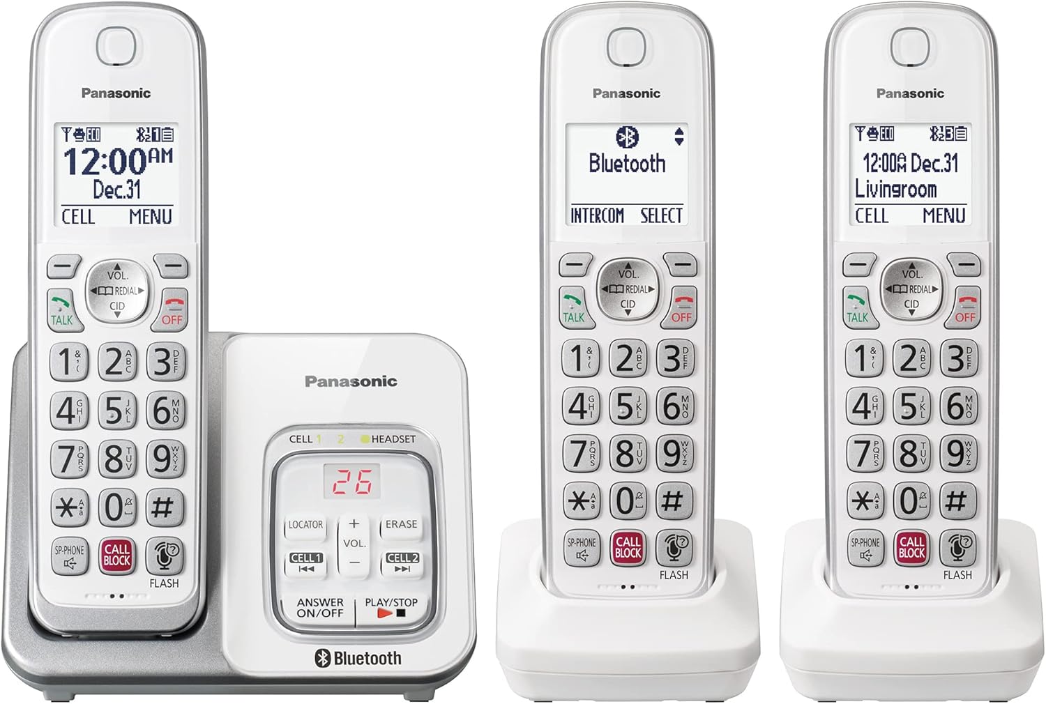 Panasonic Cordless Phone with Answering Machine, Link2Cell Bluetooth, Voice Assistant and Advanced Call Blocking, Expandable System with 3 Handsets – KX-TGD863W (White)