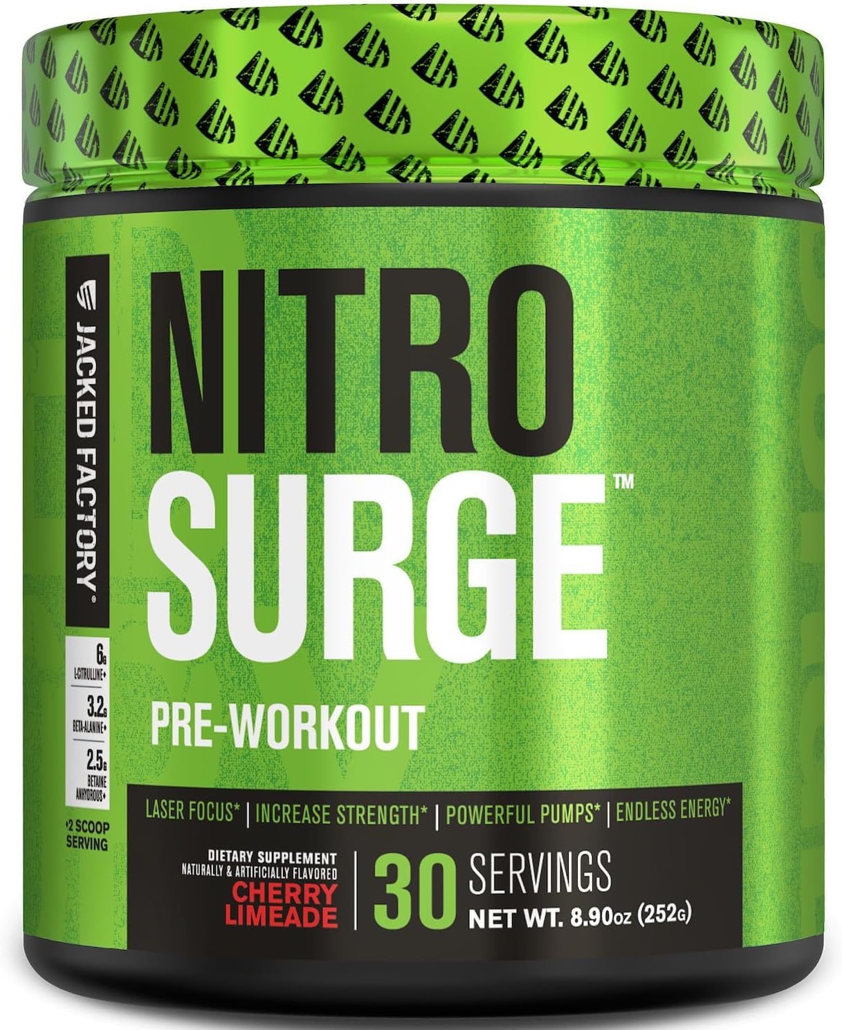 Jacked Factory NITROSURGE Pre Workout Supplement – Endless Energy, Instant Strength Gains, Clear Focus, Intense Pumps – NO Booster & Preworkout Powder with Beta Alanine – 30 Servings, Cherry Limeade