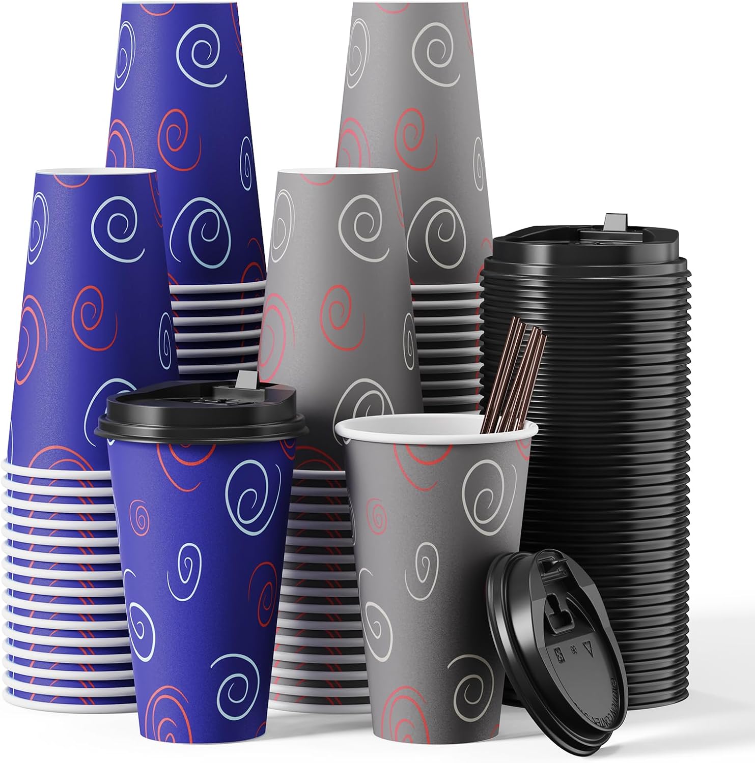 100 Pack 16 oz Paper Cups, Disposable Coffee Cups with Lids and Straws, Drinking Cups for Water, Coffee, Tea, Hot Coffee Cups for Home, Shops and Cafes