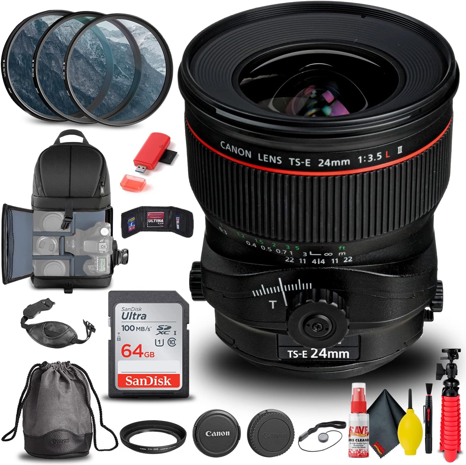 Canon TS-E 24mm f/3.5L II Tilt-Shift Lens (3552B002) + Filter Kit + Backpack + 64GB Card + Card Reader + Flex Tripod + Memory Wallet + Cap Keeper + Cleaning Kit + Hand Strap + More (Renewed)