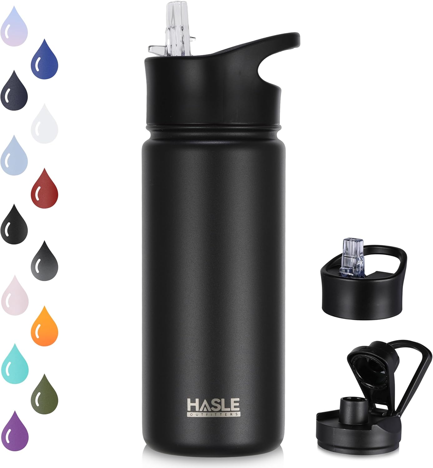 HASLE OUTFITTERS Insulated Water Bottle Kids 16 oz Double Wall Vacuum Stainless Steel Water Bottle Leak Proof for School Wide Mouth with Straw Lid & Spout Lid Keeps Cold and Hot(Black,1pack)