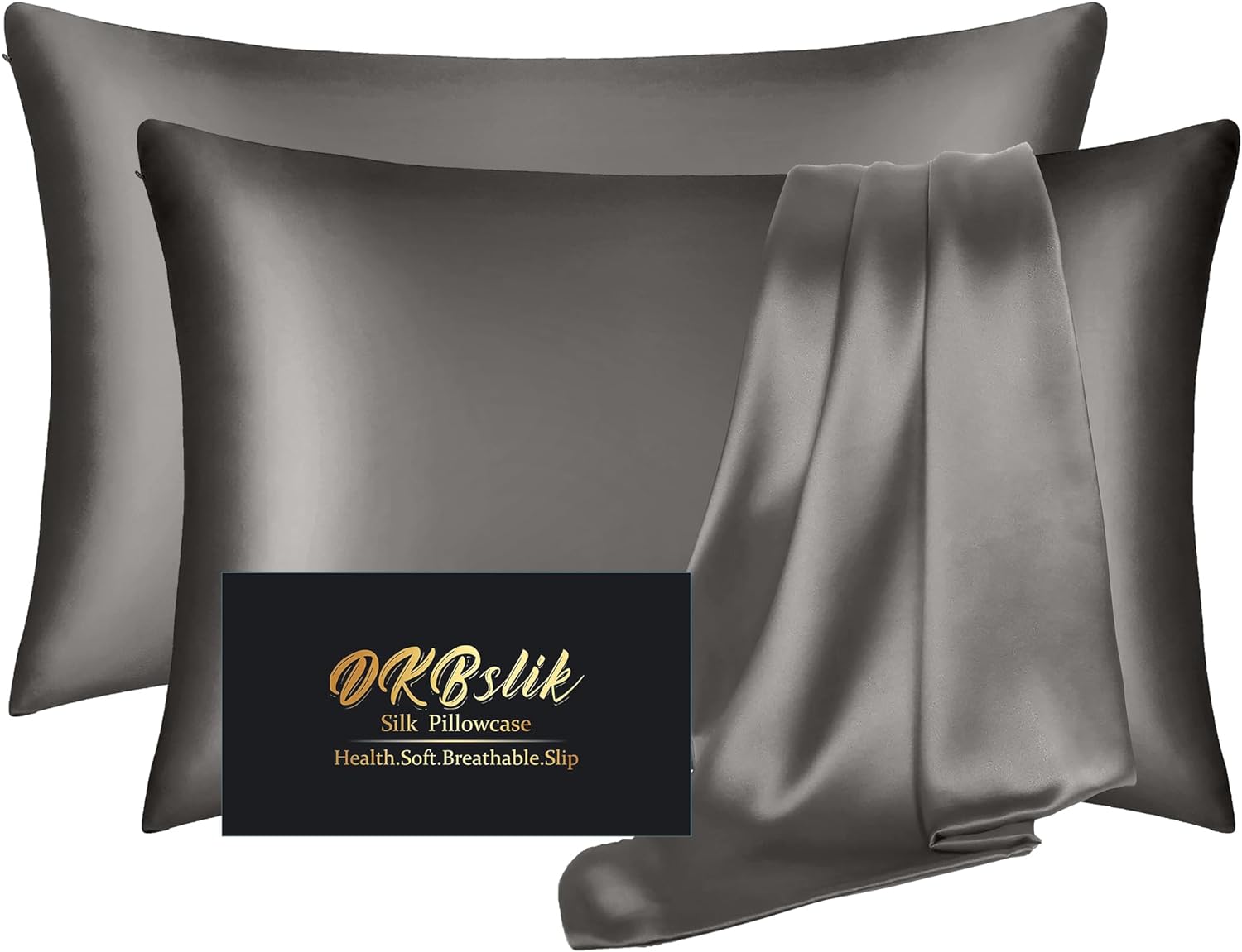 Silk Pillow Cases 2 Pack, Mulberry Silk Pillowcases Standard Set of 2, Smooth, Anti Acne, Beauty Sleep, Both Sides Natural Silk Satin Pillow Cases for Women 2 Pack with Zipper for Gift, Dark Gray