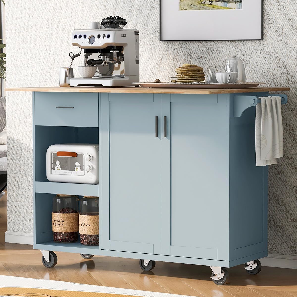 Rolling Kitchen Island with Foldable Counter Top, Kitchen Cart on Wheels with Drop Leaf, Mobile Kitchen Storage Cart with Slide-Out Shelf, 49 Inch Width (Grey Blue)