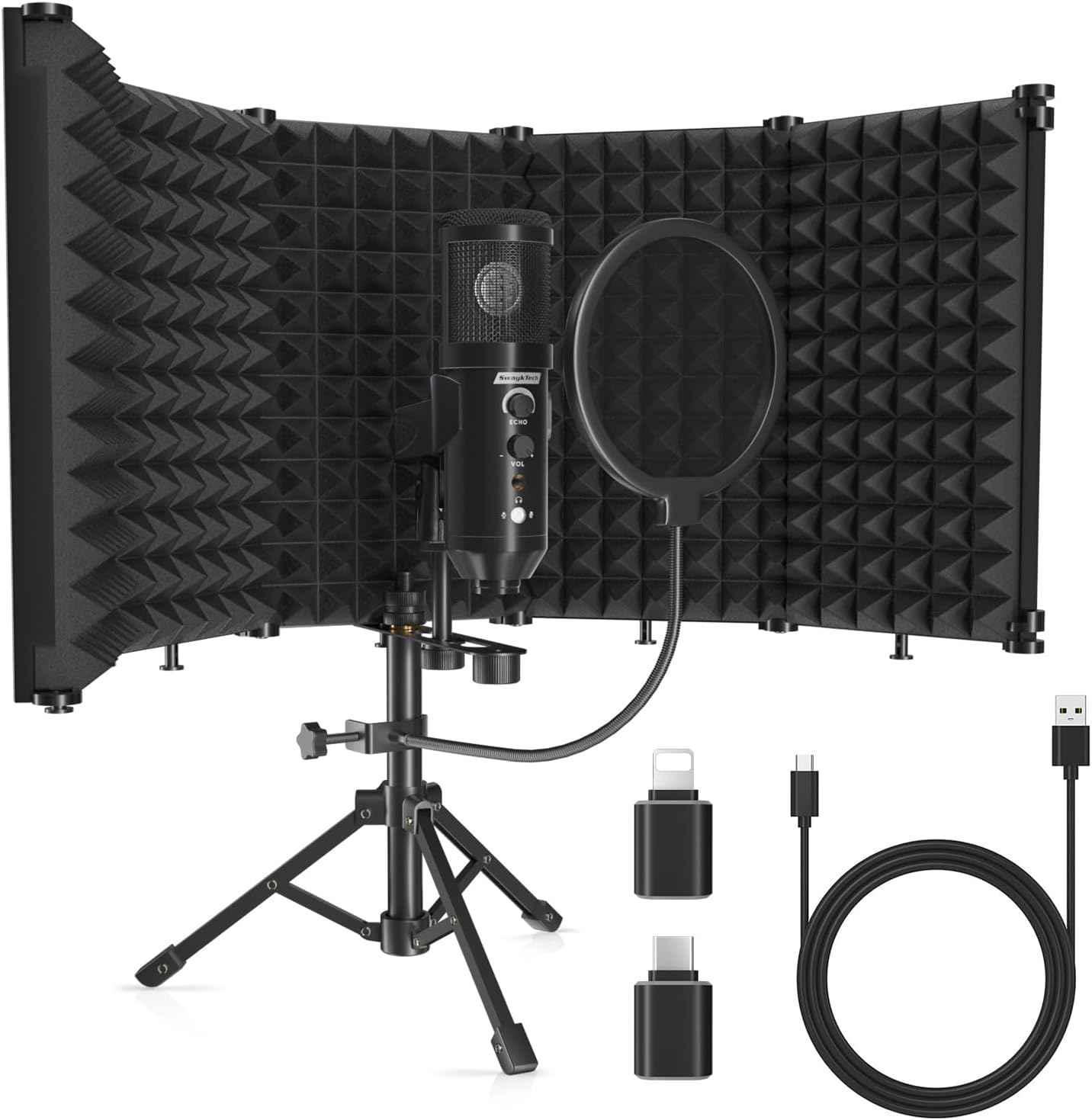 Studio Recording Microphone Isolation Shield with Pop Filter and Metal Tripod Stand, Studio Mic to PC Laptop Smartphone, Music Microphone for Recording Singing Podcasting