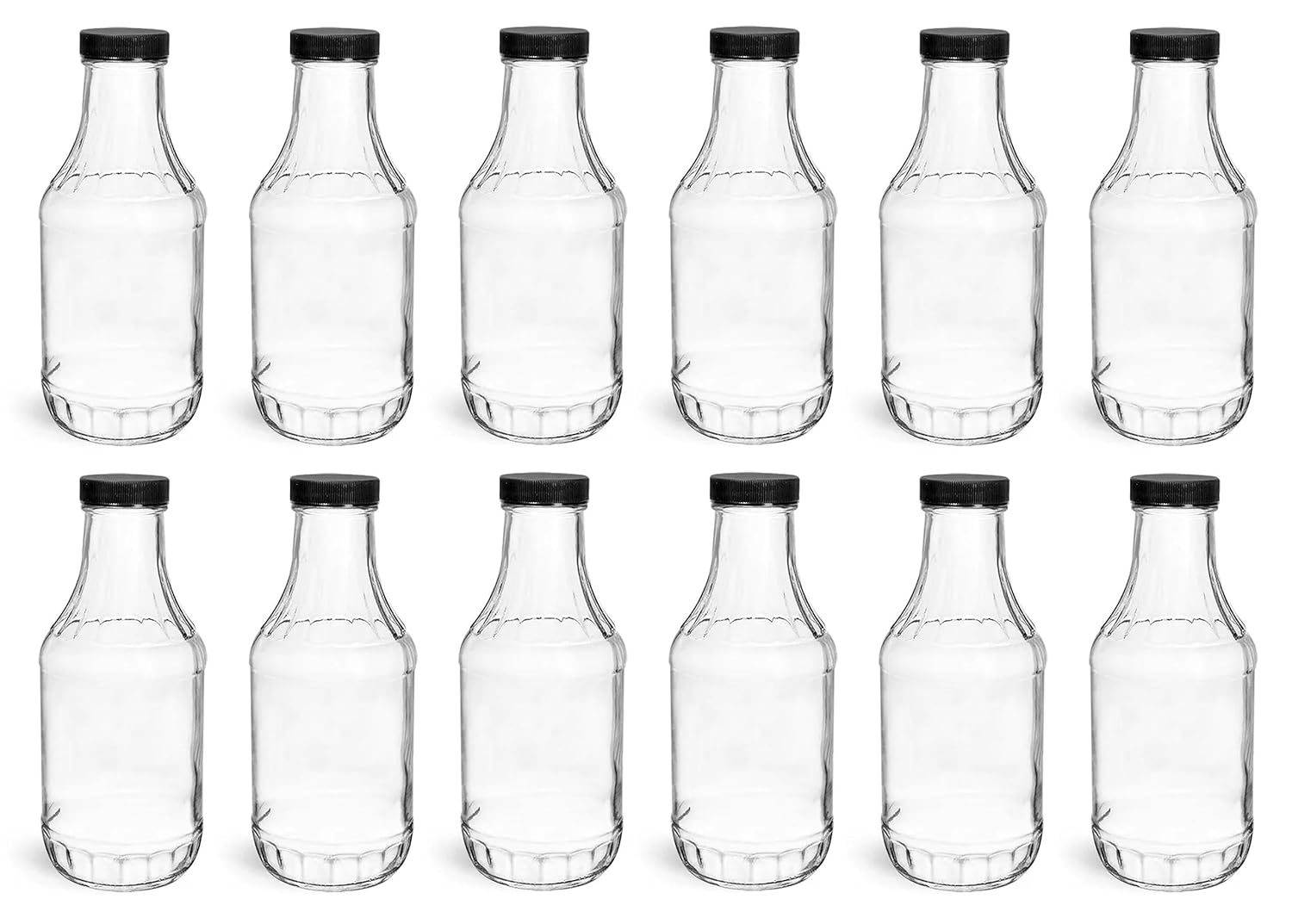 North Mountain Supply 16 Ounce Glass Sauce Bottle – with 38mm Black Plastic Lids – Case of 12