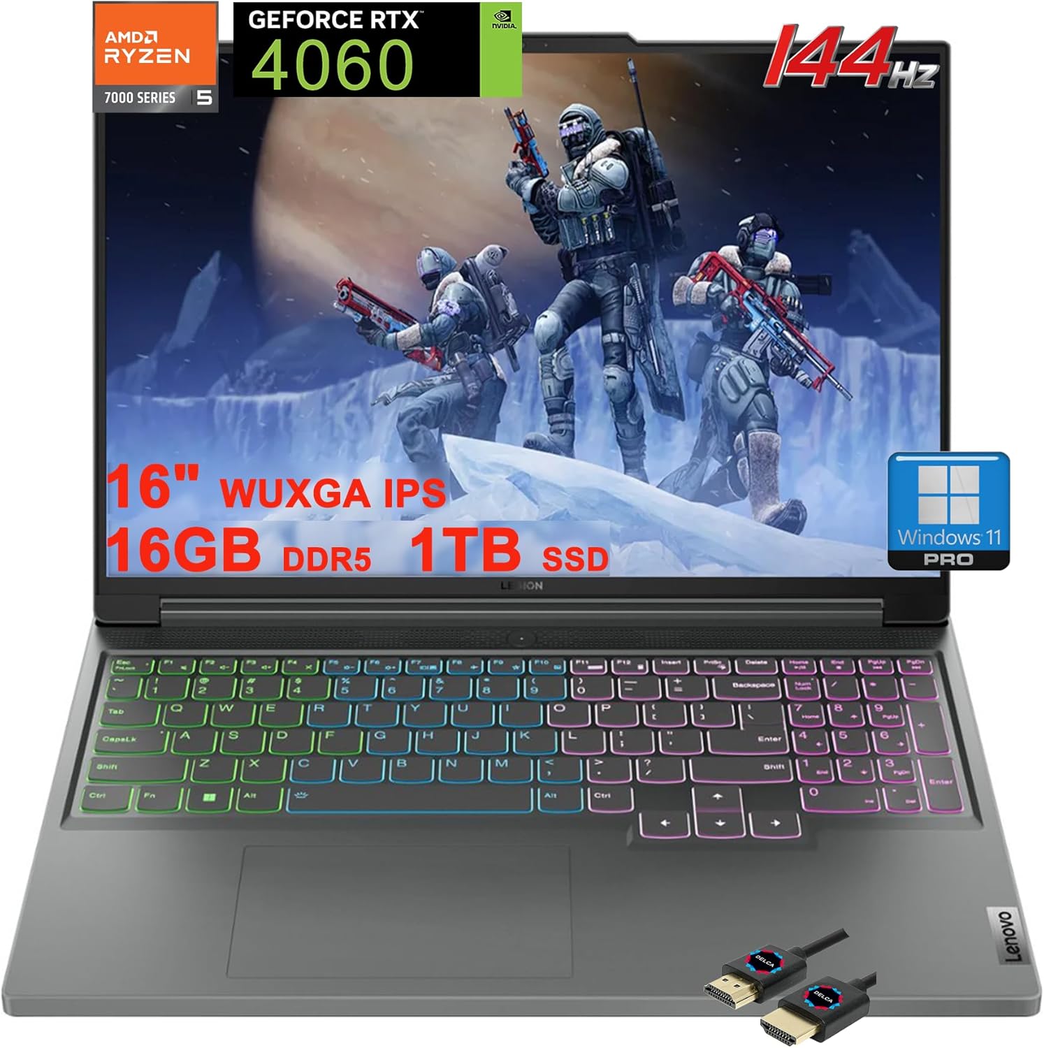 Lenovo Legion Slim 5 Gaming Laptop | 16″ WUXGA IPS 144Hz | AMD Zen 4 6-Core Ryzen 5 7640HS | 16GB DDR5 1TB SSD | GeForce RTX 4060 8GB Graphic | RGB Backlit Rapid Charge Win11Pro Grey + HDMI Cable