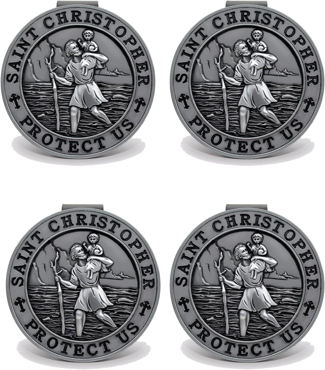 St. Christopher Medal for Car, 4 Pack Metal Saint Christopher Visor Clip, Talisman for Safety, Automotive Visor Accessories, Gift for Drivers, Families, Friends