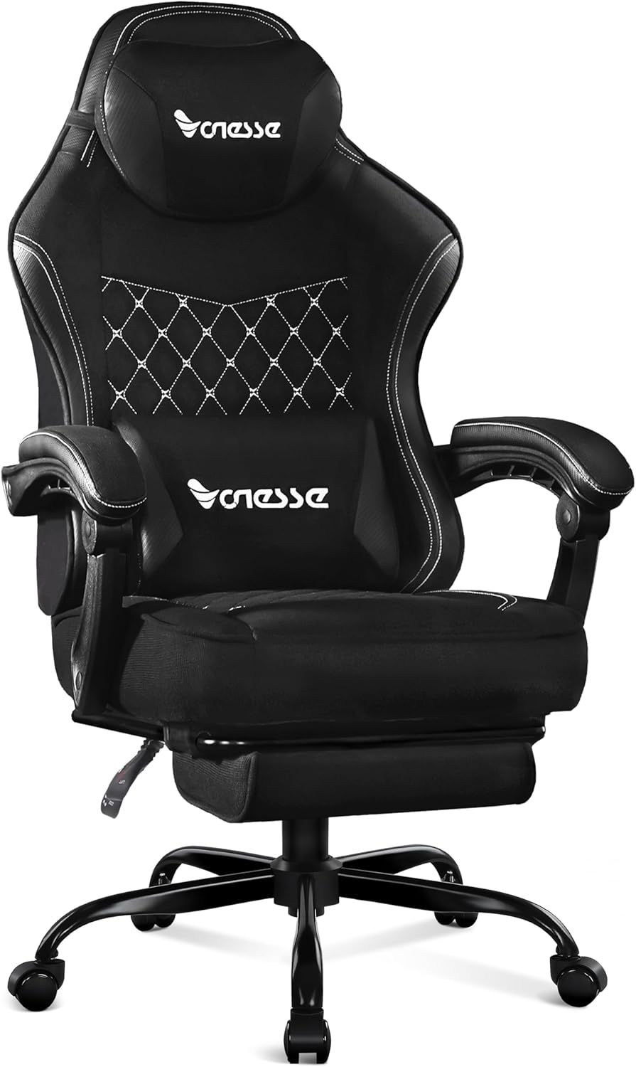 Vonesse Gaming Chair, Computer Chair Fabric with Pocket Spring Cushion, Office Chair with Footrest and Massage Lumbar Support, Reclining Gaming Chairs for Adults 250LBS (Black)