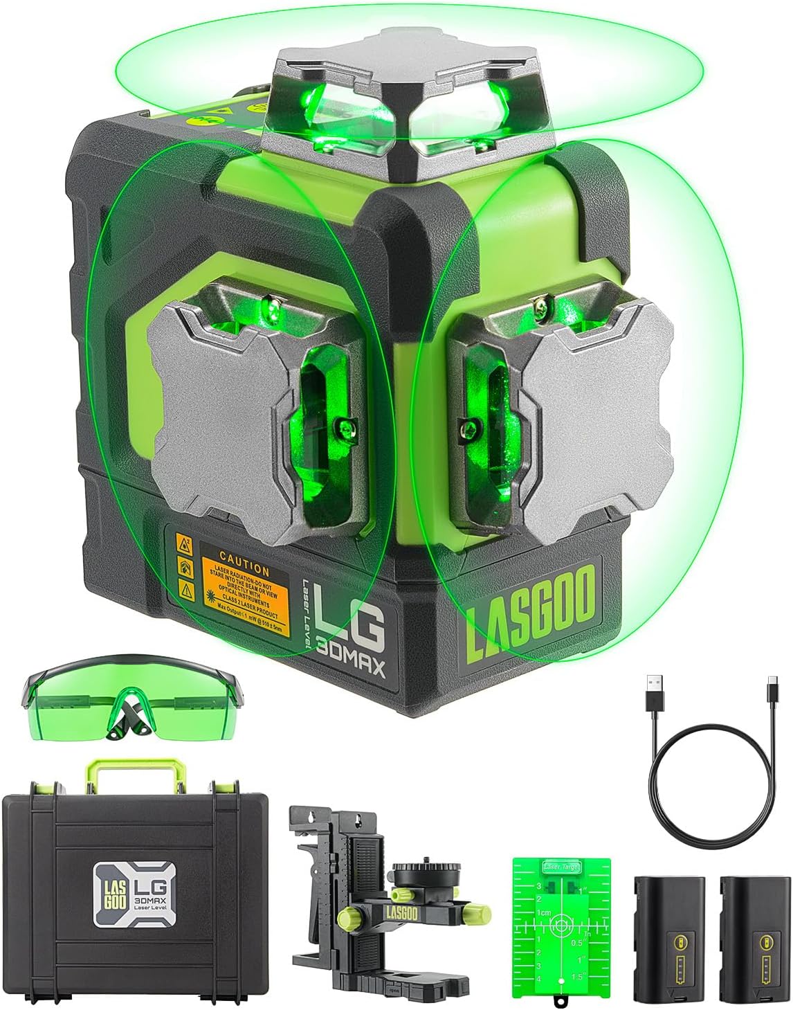 LG-3DMAX 3×360° Green Laser Level, 3D Self-Leveling Cross Line Laser with 2 Rechargeable Lithium Batteries, Fine-Tuning Bracket Adapter, Green Laser Enhancement Glasses, and Hard Carrying Case