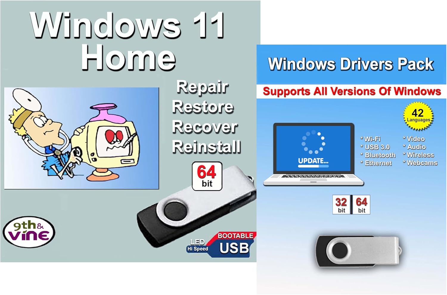 9th & Vine Compatible Windows 11 Home 32/64 bit USB With Key. Install, Upgrade, Recover, Repair and Restore Plus Windows Drivers USB. 2 Pack