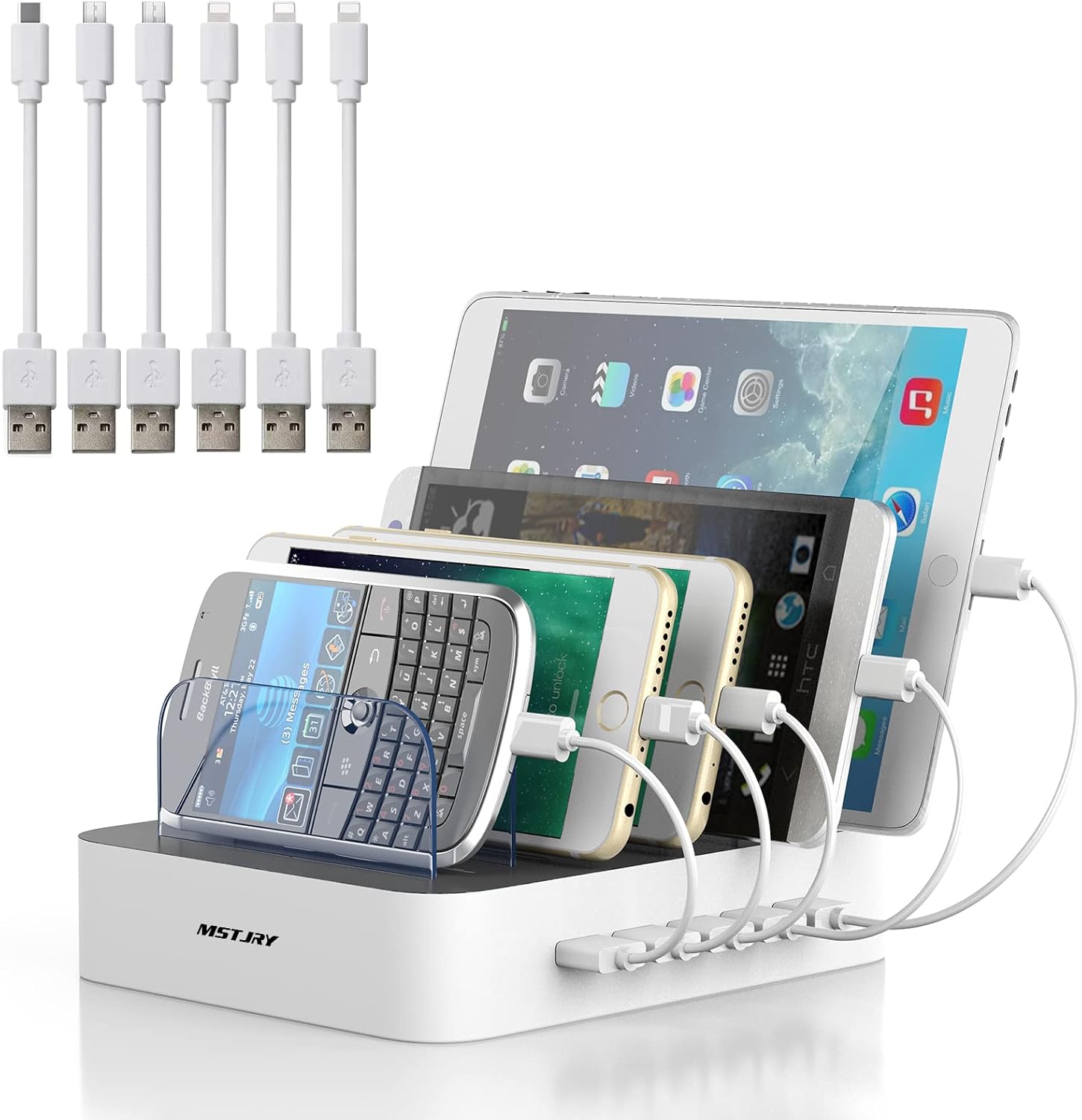 Charging Station for Multiple Devices, MSTJRY 5 Port Multi USB-A Charger Station with Power Switch Designed for iPhone iPad Cell Phone Tablets (White, 6 Mixed Short Cables Included)