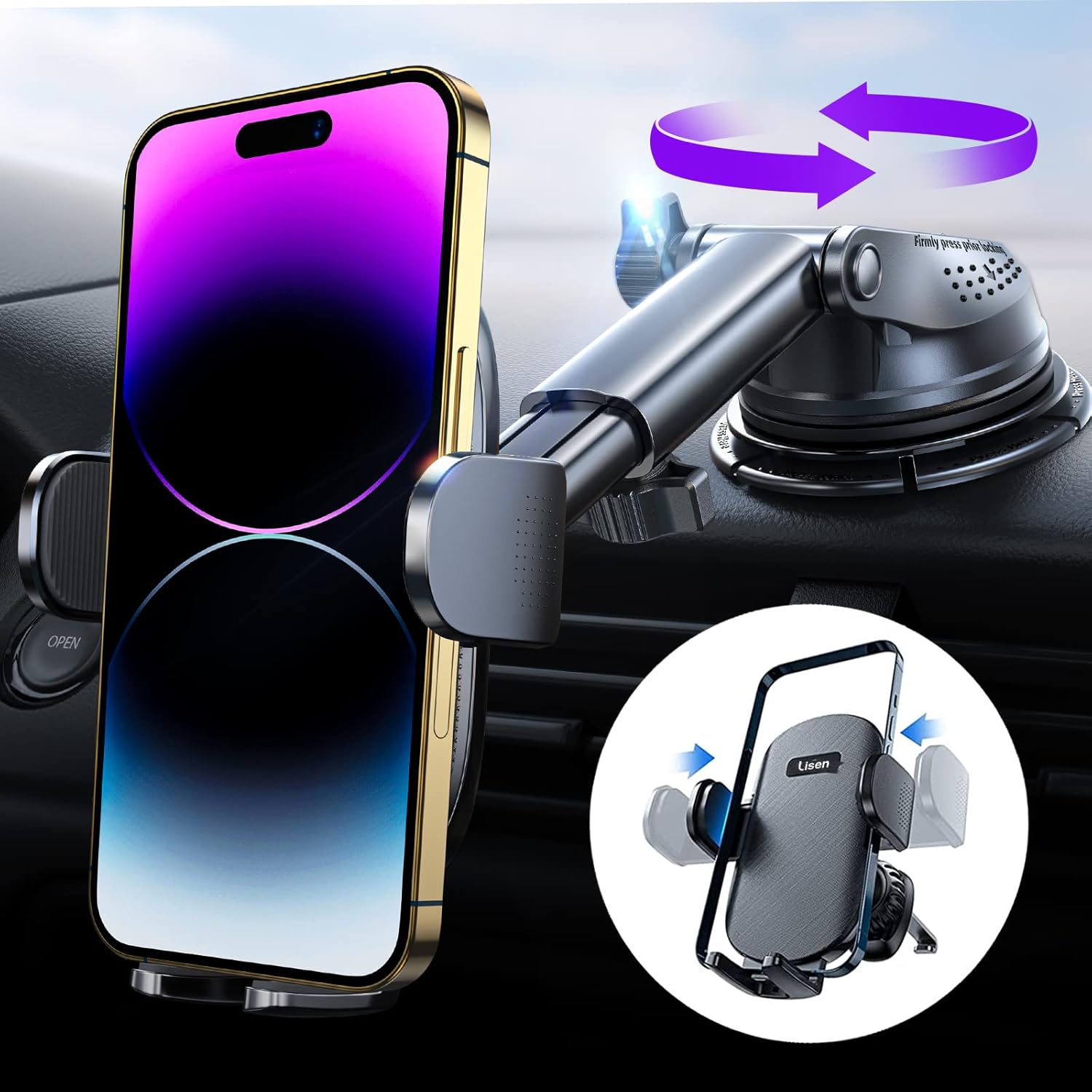 LISEN Car Phone Holder Mount [Upgrade 3 in 1] Phone Mount for Car Windshield Dashboard Air Vent [360°] Universal Hands Free Automobile Cell Phone Holder Fit for iPhone 16 15 14 13 12 Samsung