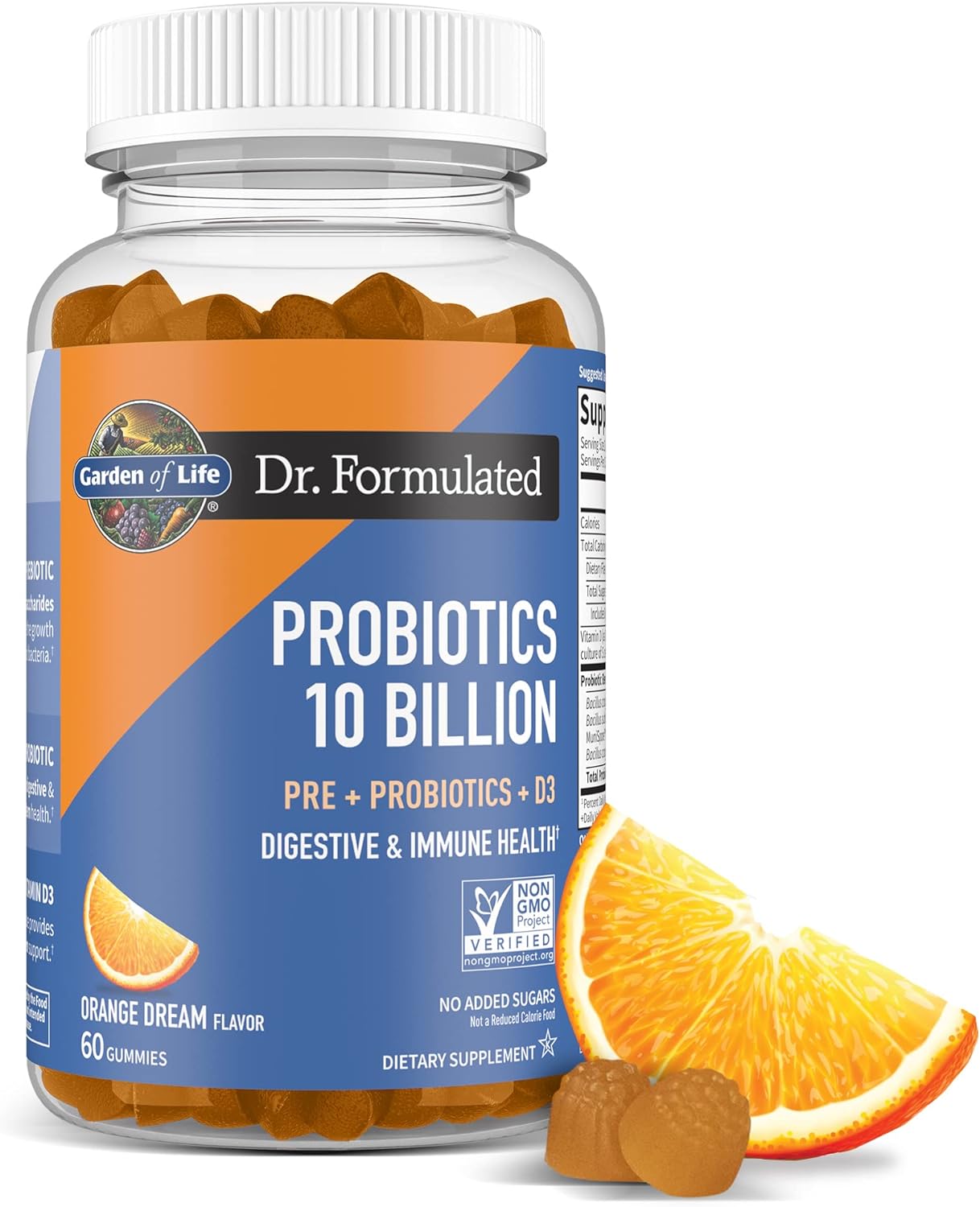 Garden of Life Dr Formulated 10 Billion CFU Prebiotic Fiber & Probiotic Gummies with Vitamin D3 for Digestive and Immune Health – Gluten Free, Non GMO, No Added Sugar, Orange Dream Flavor, 60 Gummies