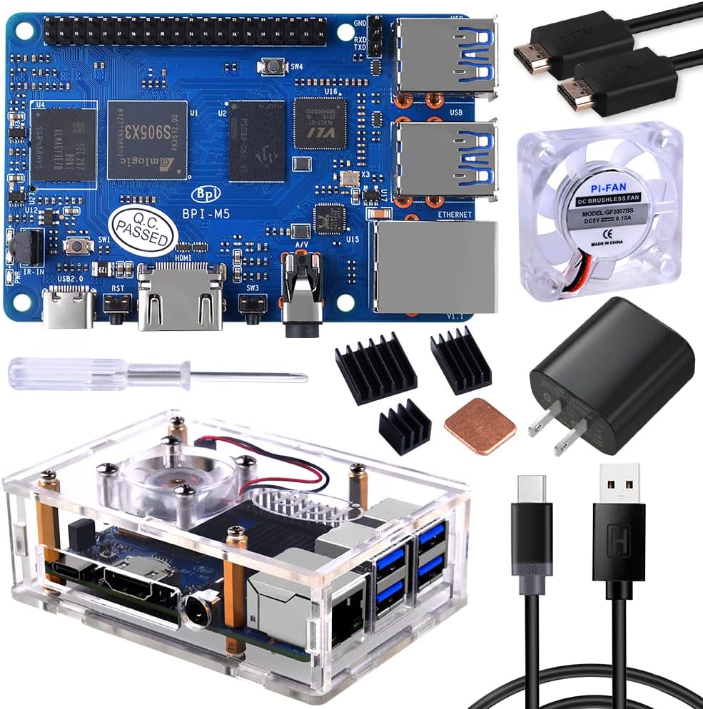 GeeekPi Banana Pi BPI-M5 Amlogic S905X3 Single Board Computer with Banana Pi m5 Case,Power Supply,Cooling Fan and Heatsinks for AIOT Support Android Debian Raspbian Armbian