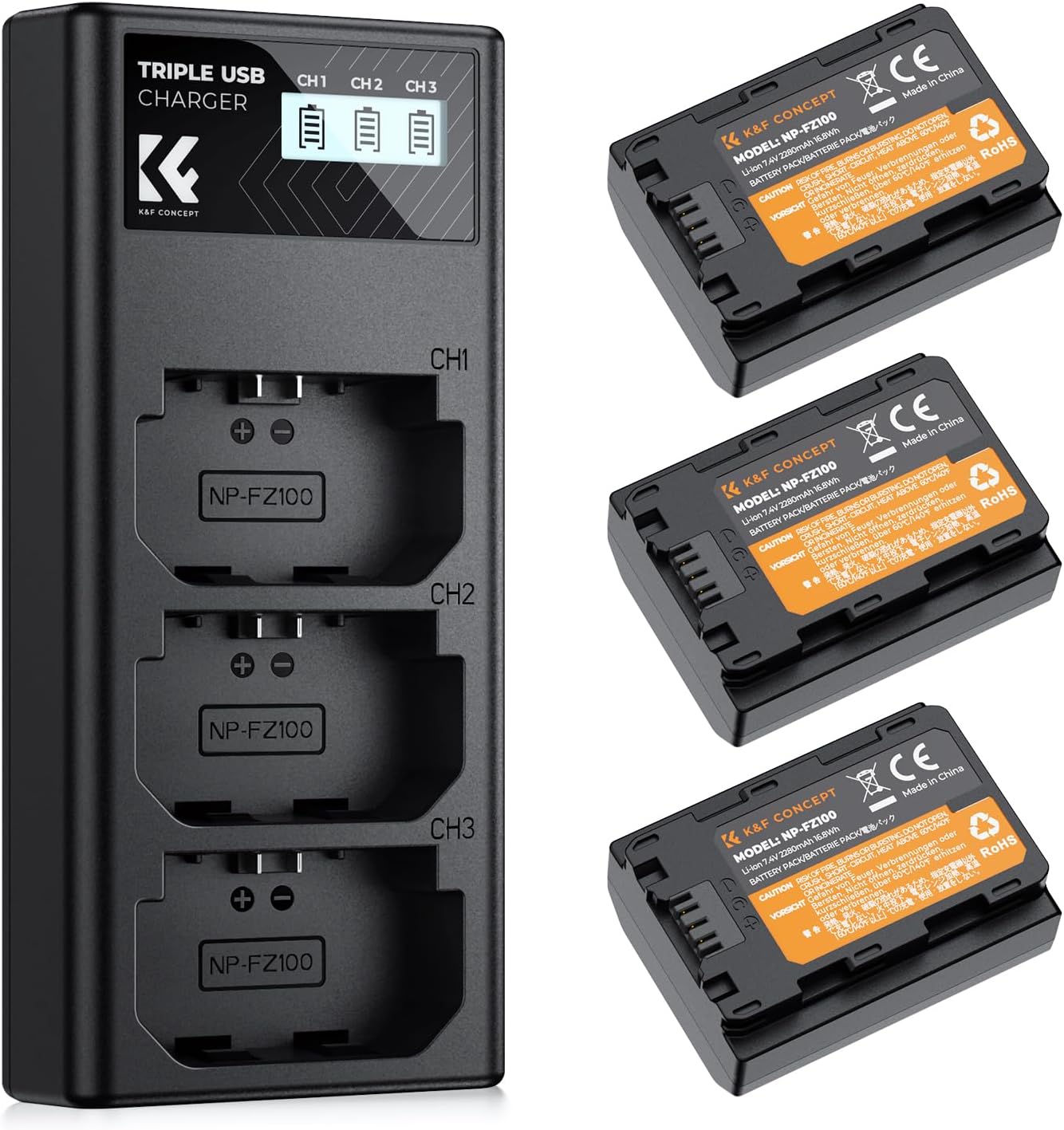 K&F Concept NP-FZ100 Battery and Three Slot Charger, 3-Pack Replacement Battery for Sony A7iii, A7iv, A7C, FX3, FX30, A9, A6600, A6700, ZV-E1, ZV-E10ii, Alpha 9, A9S, A7R III, A7R IV, A7R V, 2280mAh