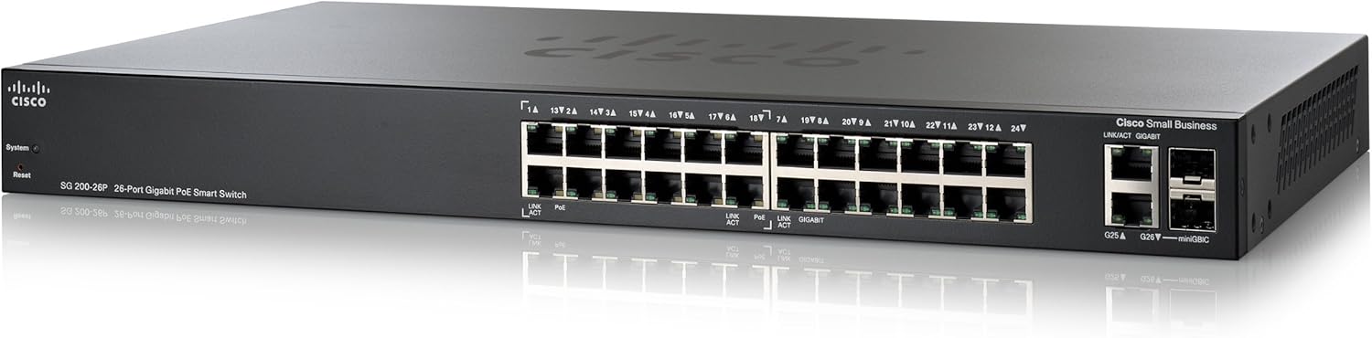 Cisco SG200-26P Gigabit Ethernet Smart Switch, 24 10/100/1000 Ports, PoE and 2 Combo Mini-GBIC Ports (SLM2024PT) (Renewed)