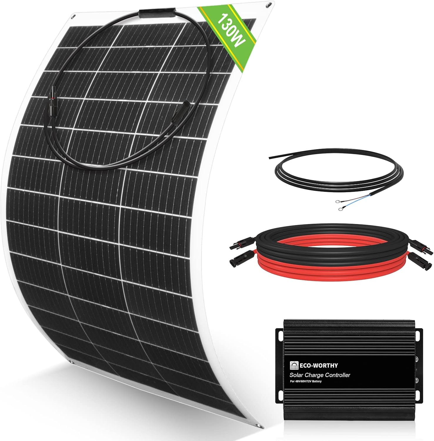 ECO-WORTHY 130W Flexible Solar Panel Kit for Golf Cart,520wh/day Generation, Charge While Driving, Extend Battery Life,Go Further：1pc 130W Solar Panel+48V/60V/72V MPPT Boost Charge Controller