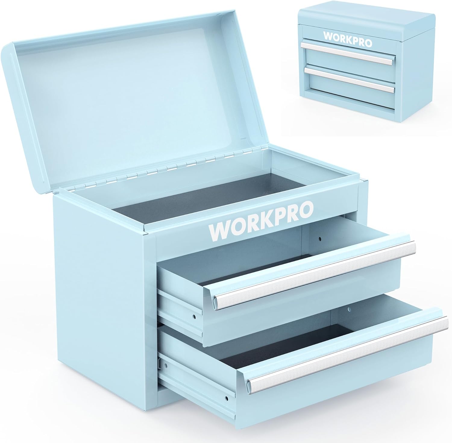 WORKPRO Mini Metal Tool Box with 2 Drawers and Top Storage, Small Tool Chest with PVC Liners and PP Feet Pads, Cold Rolled Steel Toolbox with Magnetic Tab