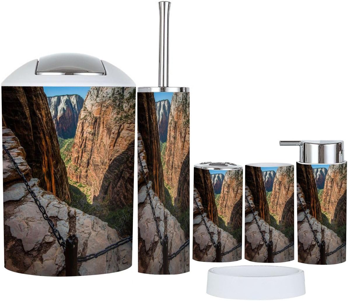 Bathroom Accessory Set 6 Piece Trail to Angels Landing Zion Toothbrush Holder, Toothbrush Cup, Soap Dispenser, Soap Dish, Toilet Brush Holder, Trash can