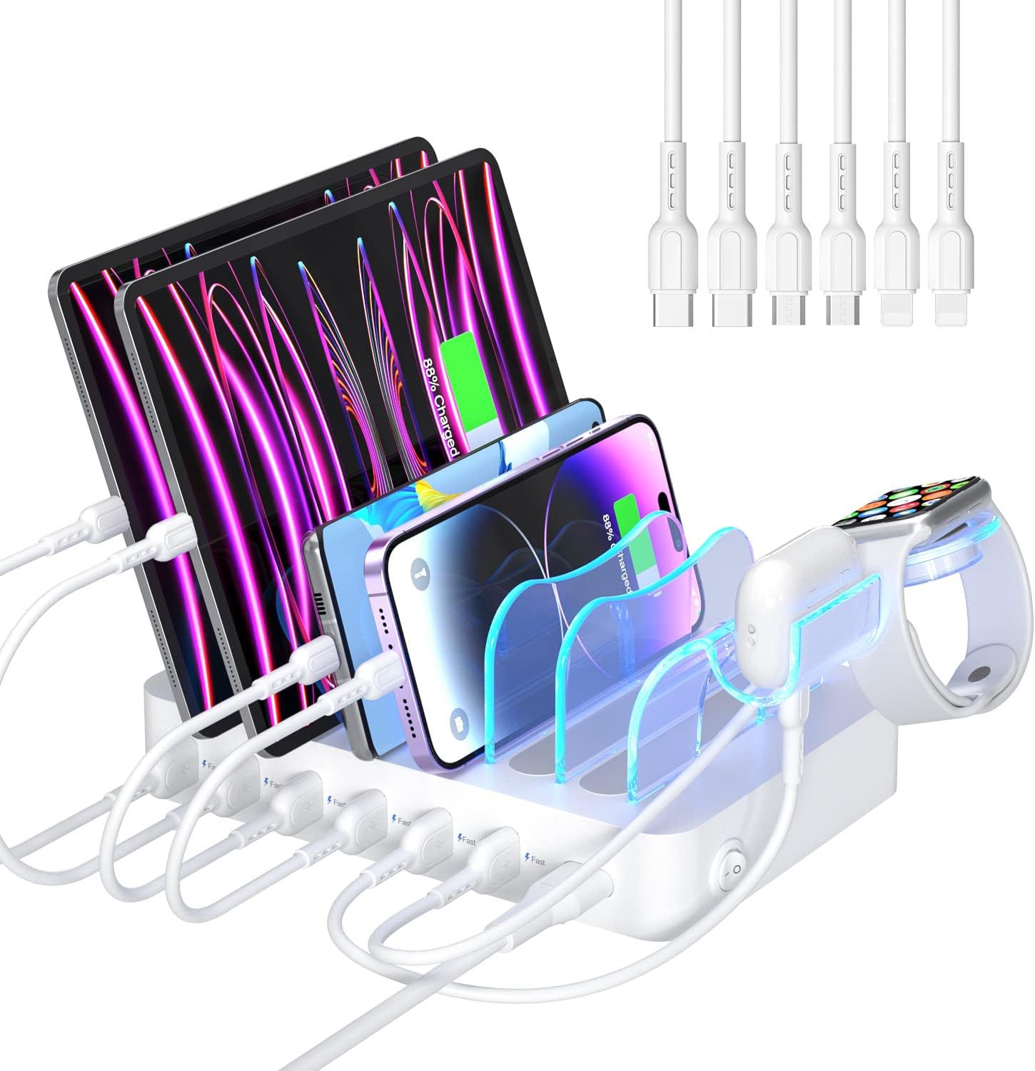 SooPii Premium 6-Port USB Charging Station Organizer for Multiple Devices, 6 Short Charging Cables and One Upgraded i-Watch Charger Holder Included, for Phones, Tablets, and Other Electronics, White