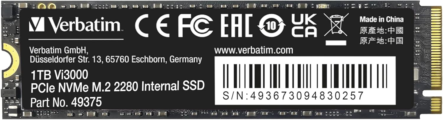 Verbatim 1TB SSD Vi3000 Internal Solid State Hard Drive PCIe NVMe M.2 2280