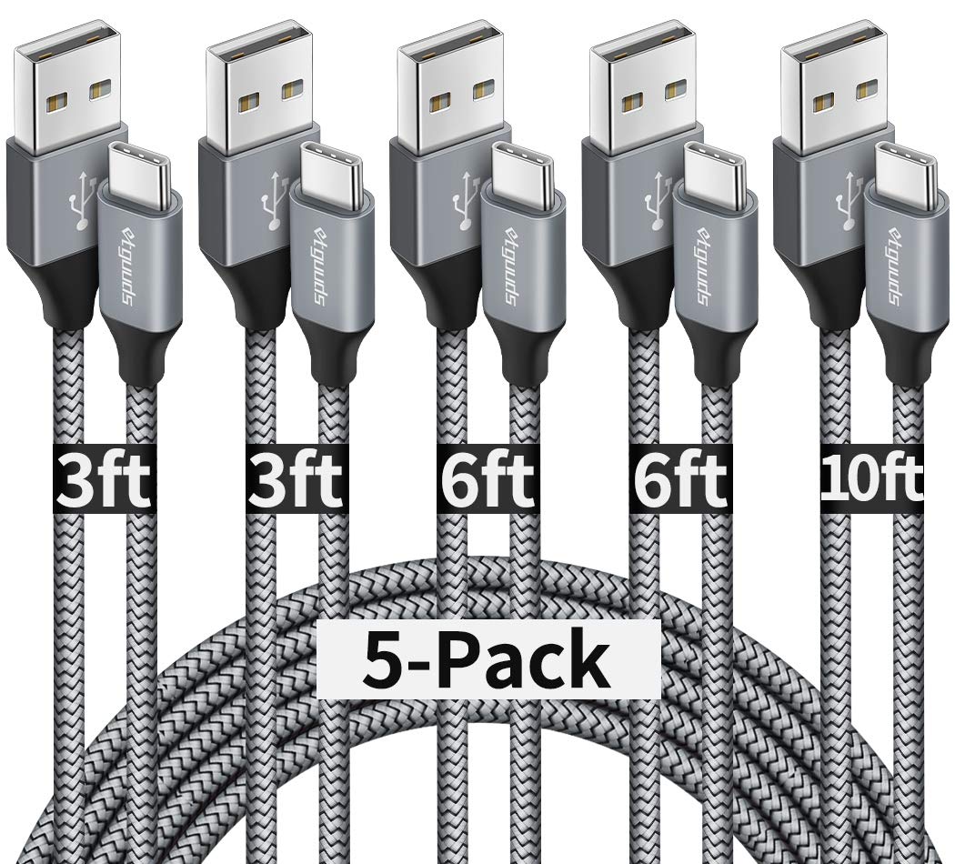 etguuds USB A to USB C Cable 5-Pack (3/3/6/6/10 ft), Fast Charging Type C Charger Cord for iPhone 16 15 Pro/Pro Max/Plus, for Samsung Galaxy S24 S23 S22 S21 S20 S10 A55 A54 Flip, Pixel, Moto G, Gray