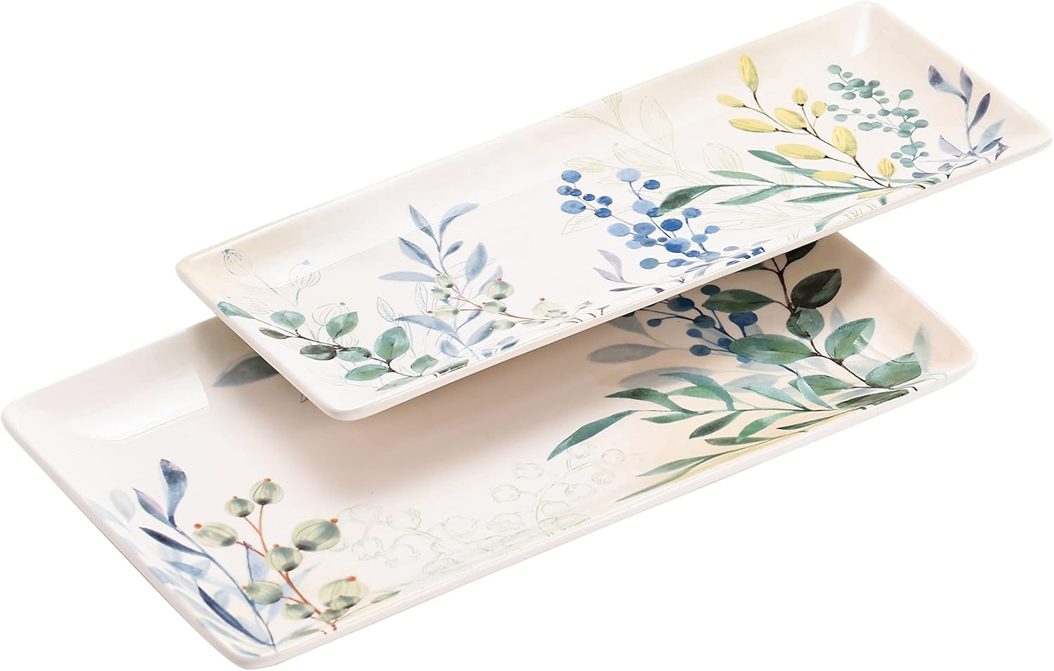 Bico Botanical Valley Ceramic 14 inch Rectangular Serving Platter, Set of 2, for Serving Salad, Pasta, Cheese, Ham, Appetizer, Microwave & Dishwasher Safe