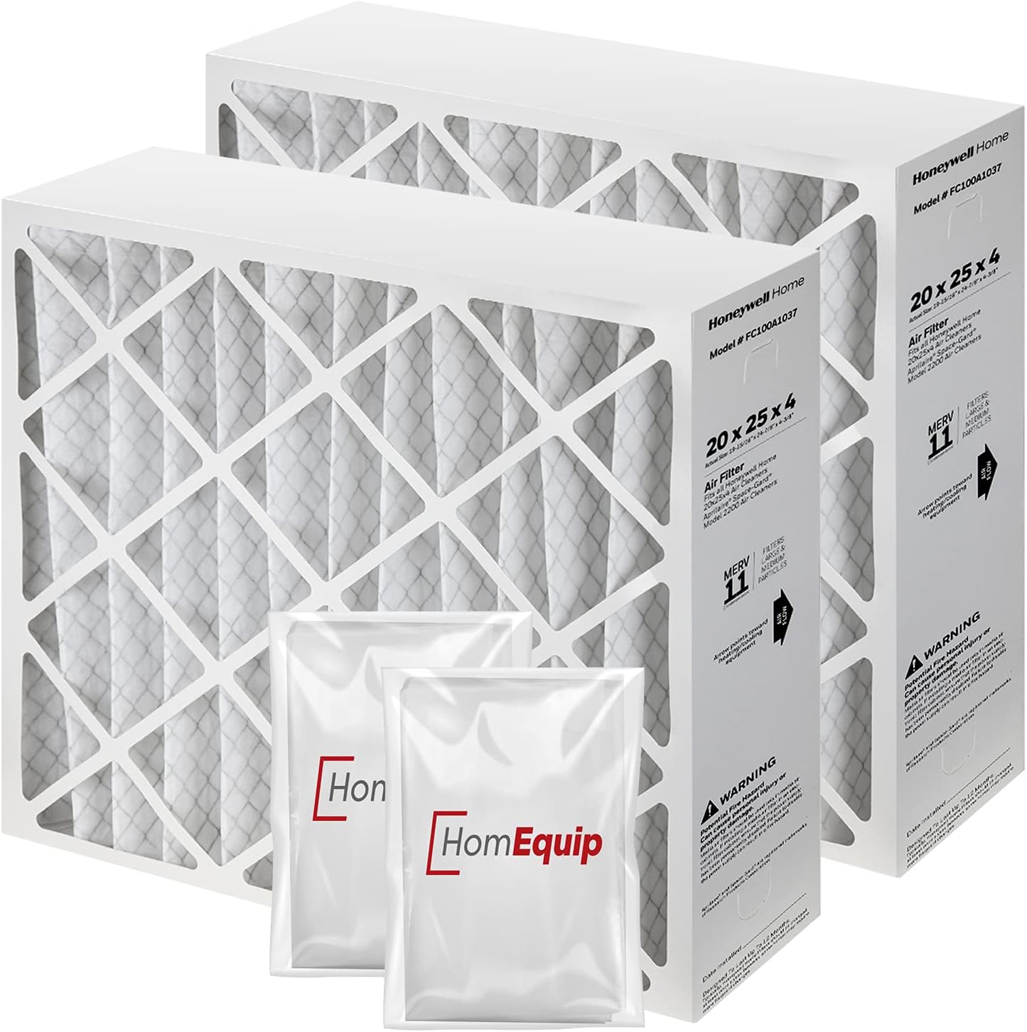 Honeywell 20x25x4 AC Furnace Air Filter, FC100A1037 Filter Replacement, Merv 11 Filter Media with Homequip Disposal Bag 2-Pack (Actual Size: 19.94 x 24.86 x 4.38 Inches)