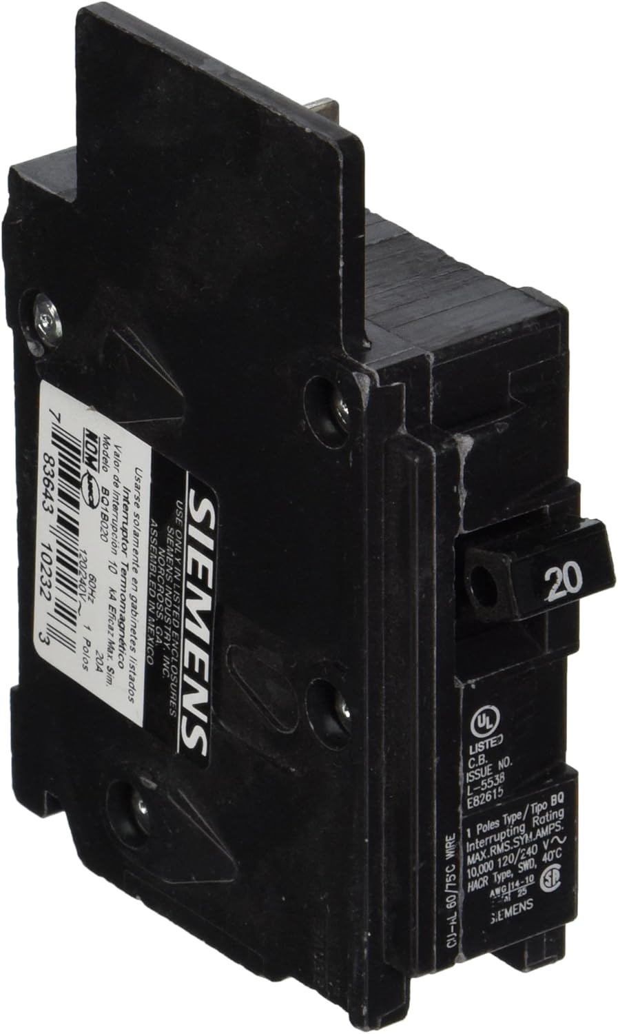 SIEMENS BQ1B020 20-Amp Single Pole 120-Volt10KAIC Lug In/Lug Out Breaker