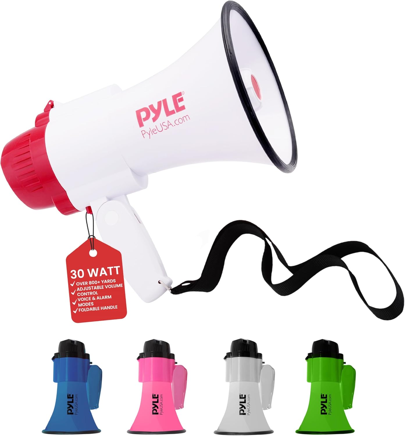 Pyle Megaphone Speaker PA Bullhorn – with Built-in Siren 30 Watt Voice Recorder & 800 Yard Range – Ideal for Football, Soccer, Baseball, Hockey, Basketball, Cheerleading Fans & Coaches – PMP35R