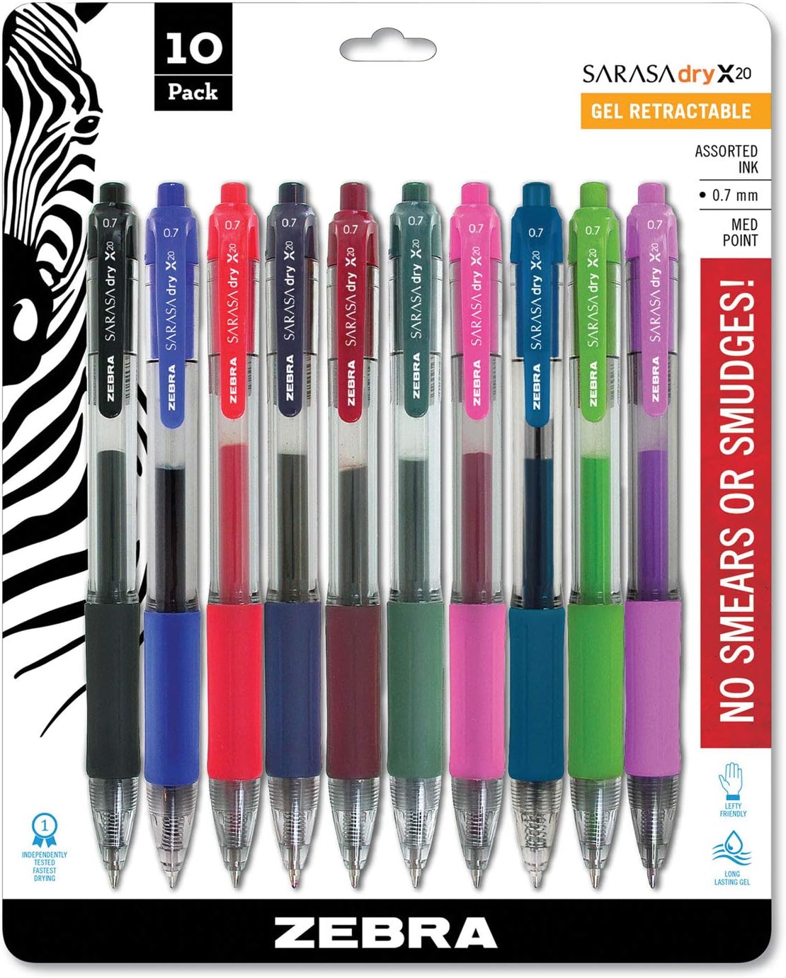 Zebra Pen Sarasa Retractable Gel Pen, Medium Point, 0.7mm, Assorted Fashion Color Ink, 10-Pack