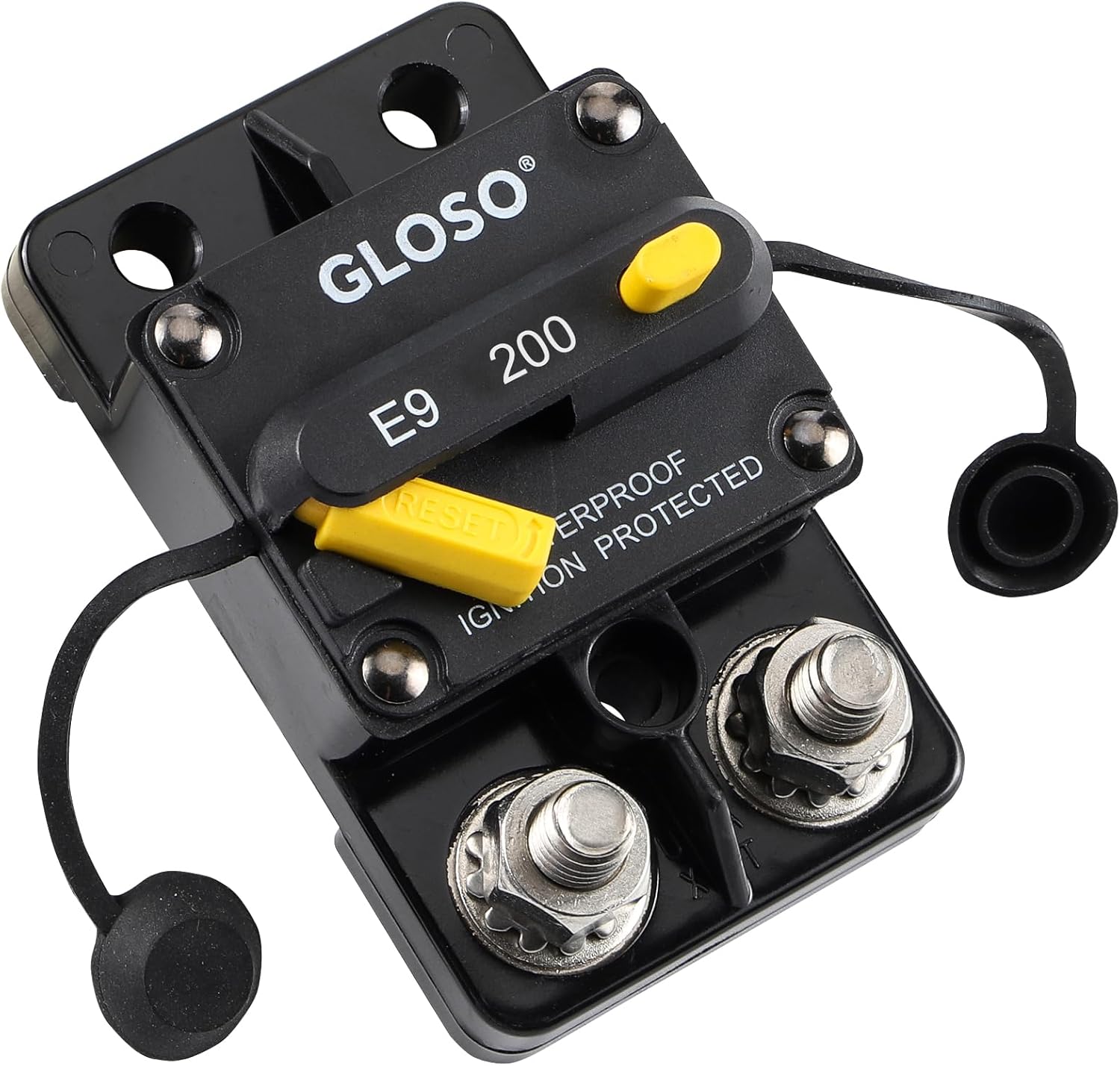 GLOSO Circuit Breaker E9C 200A Waterproof Auto Rese Breaker For Car Truck RV Automotive Marine Boat Trolling motor & Custom Wiring Audio battery protection Side by Side Stud IP67 Hi-Amp (200A)