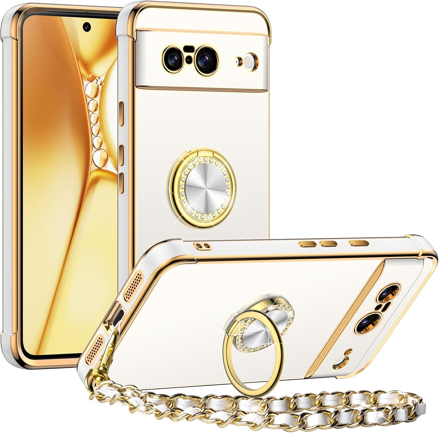 Miss Arts for Google Pixel 8 Case, Ring Holder Stand Luxury Bling Electroplated Phone Case with Strap, Cute Soft TPU for Pixel 8 Cover for Women Girls, White