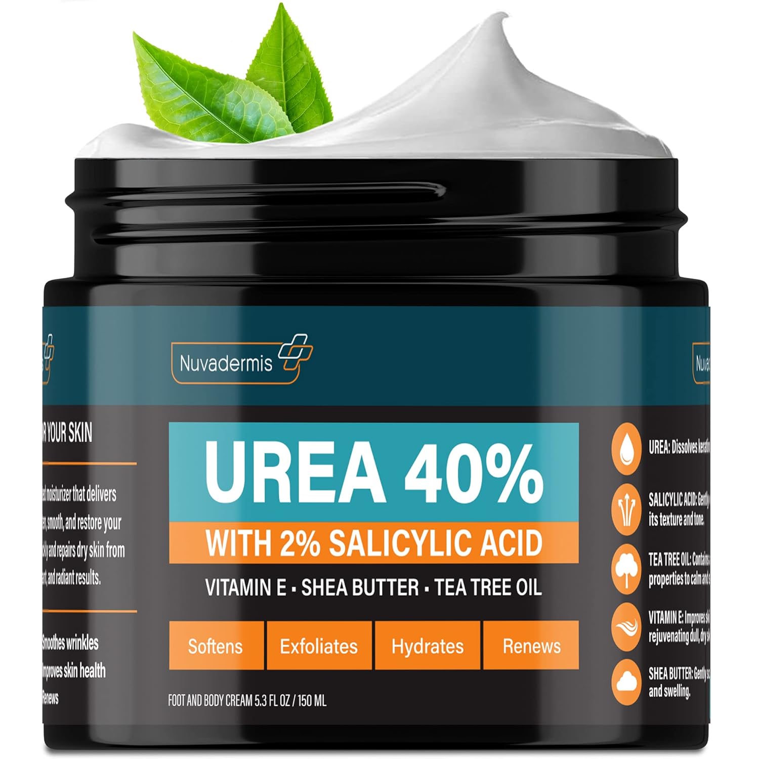 NUVADERMIS Urea Cream 40 Percent for Feet – 40% Urea Foot Repair Lotion – Maximum Strength For Dry Cracked Heels – 2% Salicylic Acid, Shea Butter, Tea Tree Oil, Vitamin E – 5.29 oz Jar